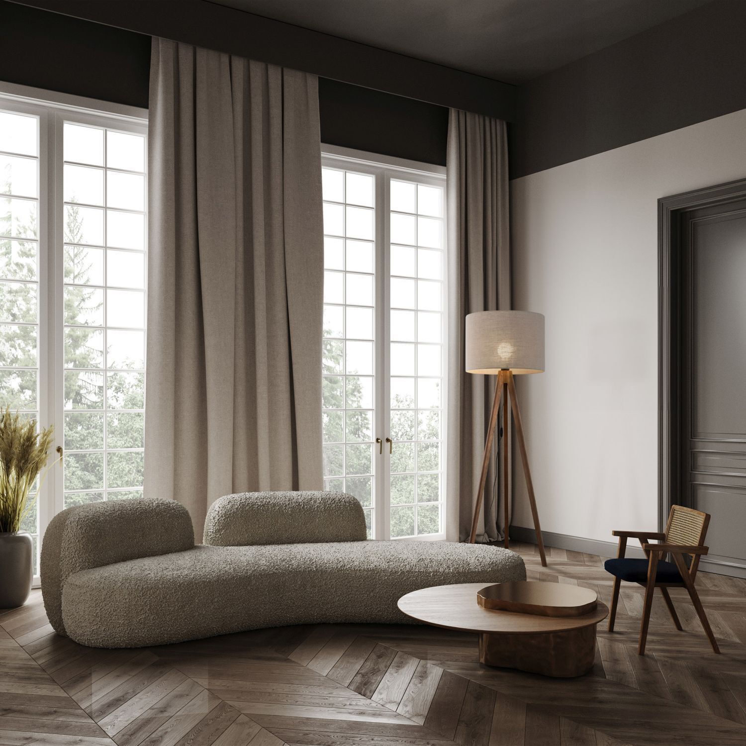 Lampadaire petit 145 cm lin bois E27 trépied Fenster, Lampe, Französisches Fenster, Drinnen, Innenarchitektur