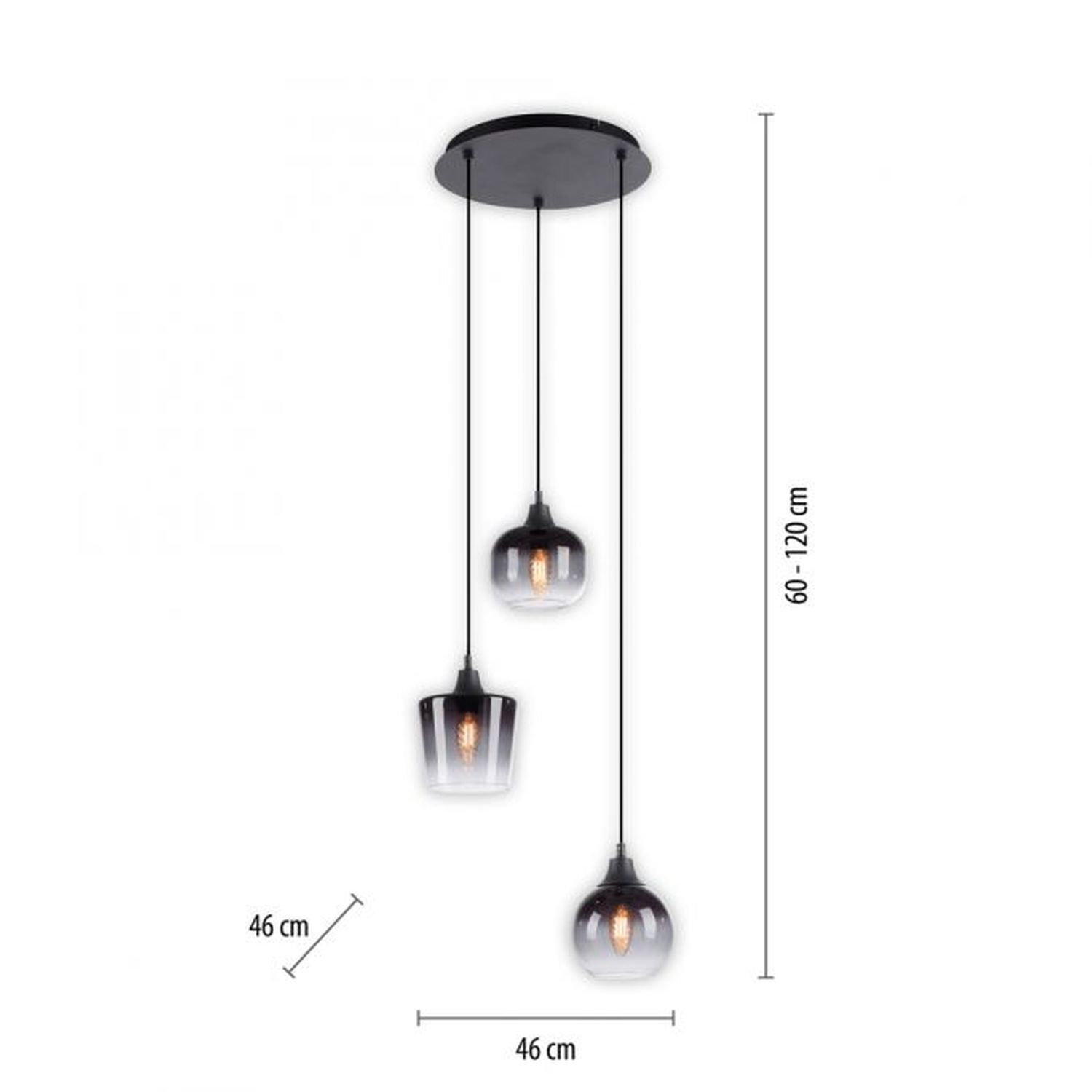 Suspension verre métal gris fumé noir E14 L:38 cm