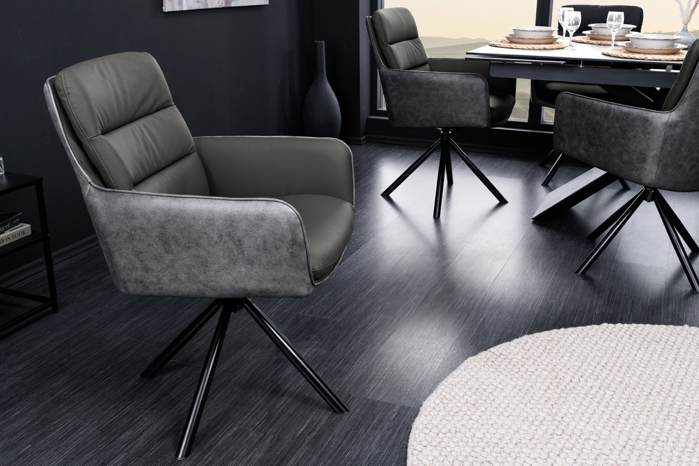 Chaise pivotante cuir tissu métal gris noir sans roulettes Fußboden, Mobiliar, Stuhl, Bodenbeläge, Inneneinrichtung