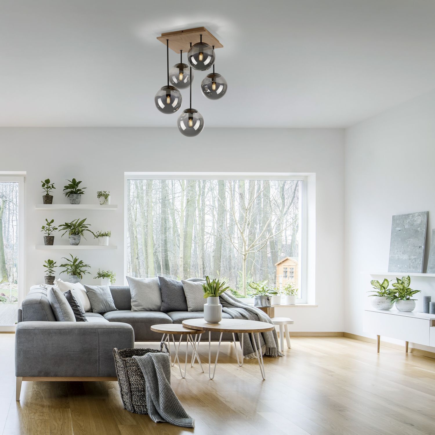 Lampe de plafonnier stylée verre bois E14 L:37 cm faible éblouissement Dekoration für Zuhause, Pflanze