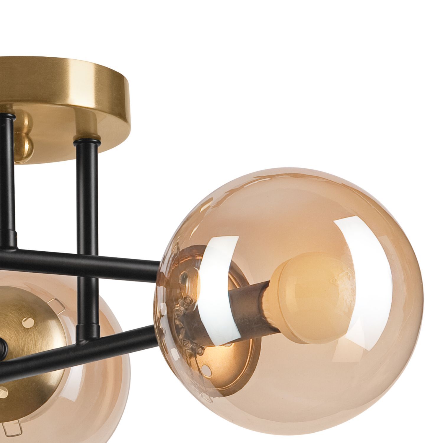 hängelampe, e27 lampe, glaskugel, goldfarbene akzente, metallrahmen