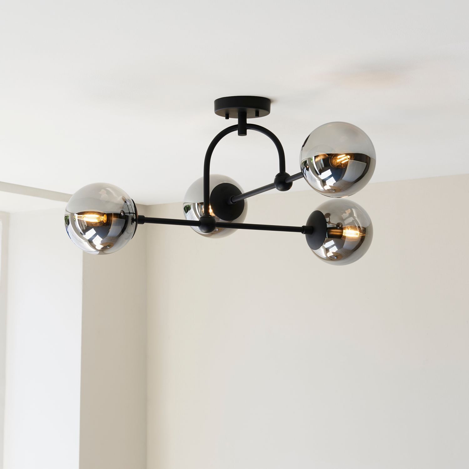 Lampe de plafonnier métal verre fumé L : 70,5 cm noir gris 4x E14