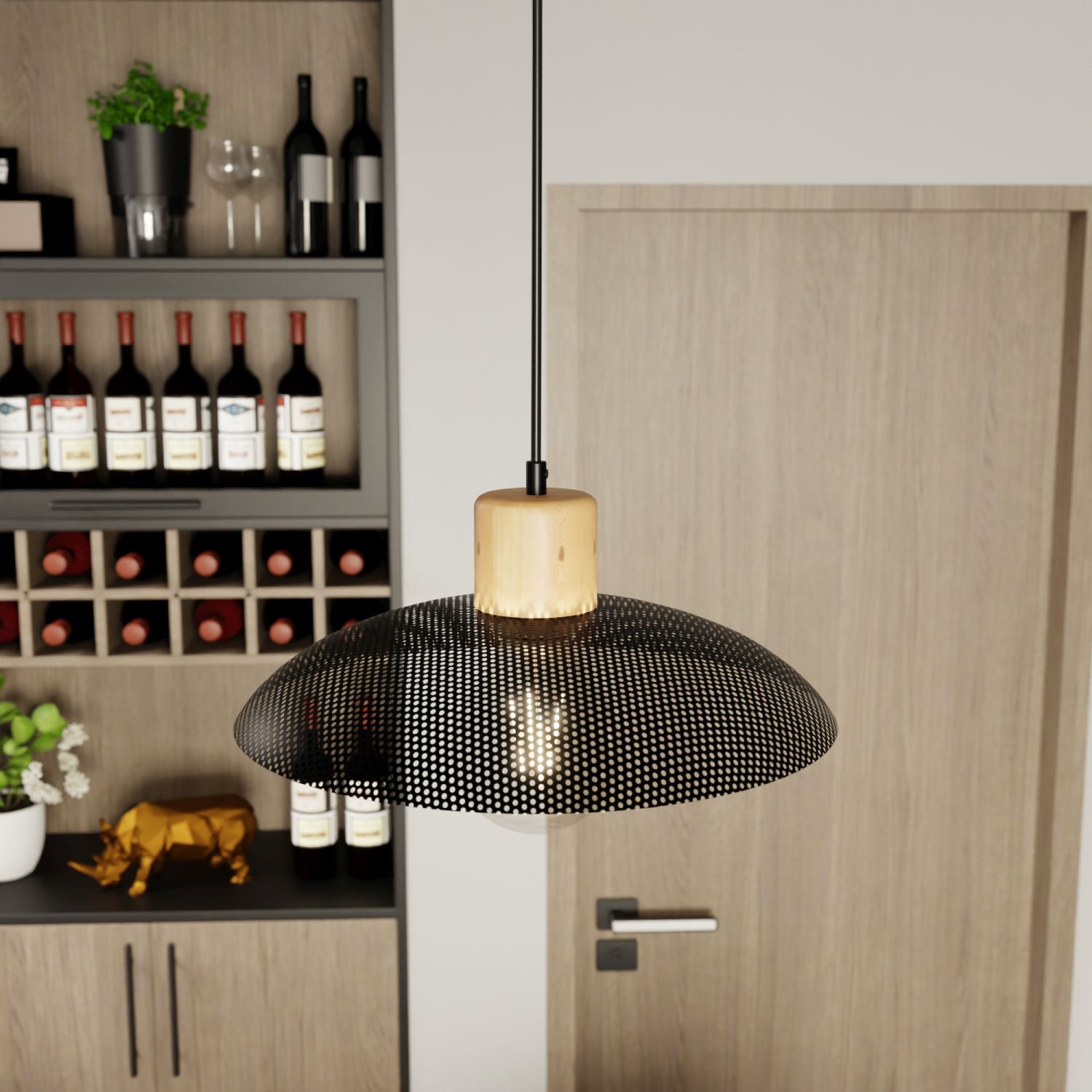Lampe à suspendre métal Ø 30 cm noir imitation bois E27 Loft