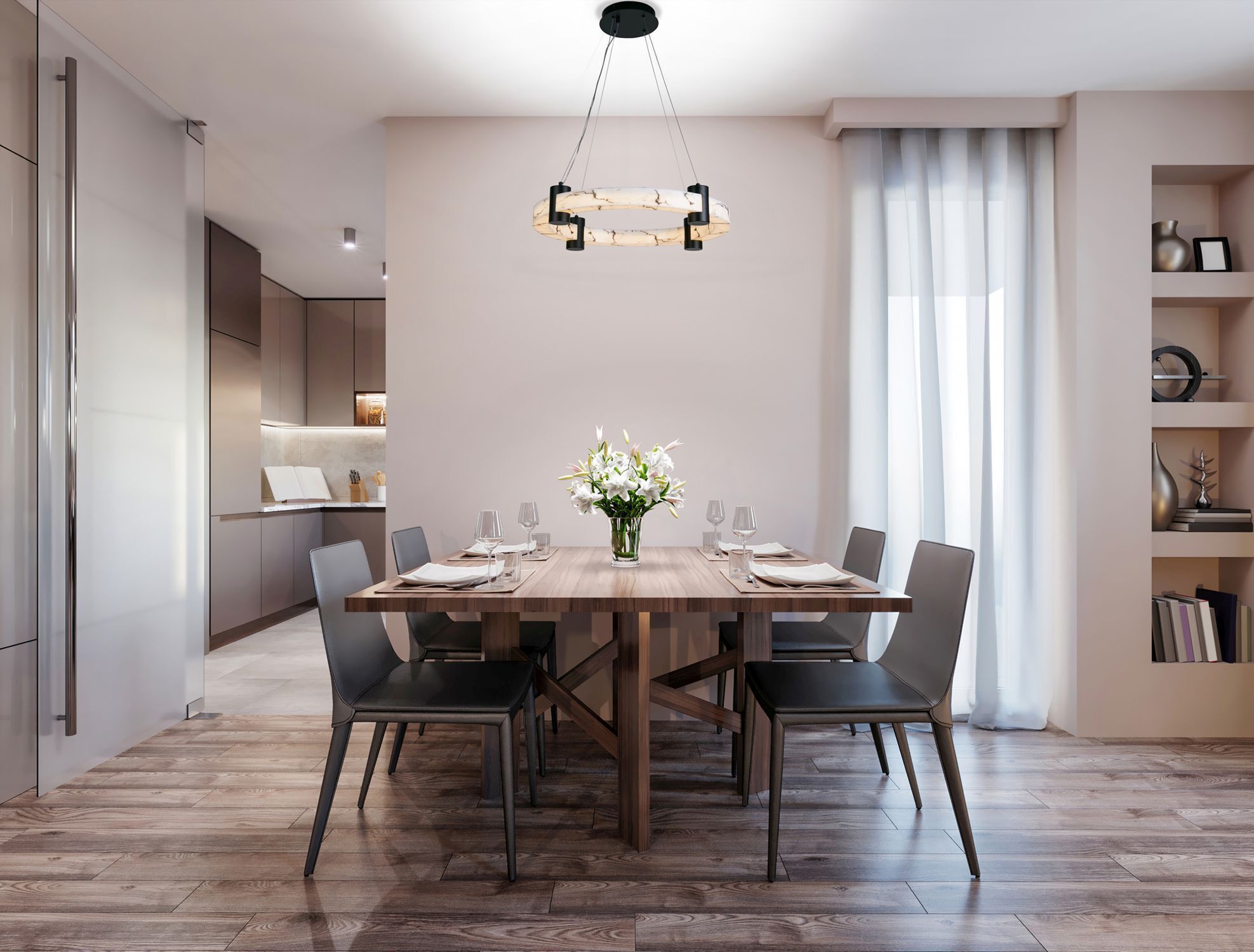 Suspension LED ronde métal résine anneau L:60,5 cm 29 W Speisesaal, Esstisch, Mobiliar, Tabelle, Innenarchitektur