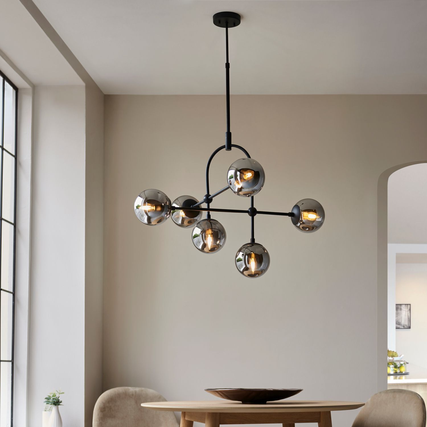 Lampe de plafonnier verre fumé métal sphère abat-jour L : 86 cm 6x E14