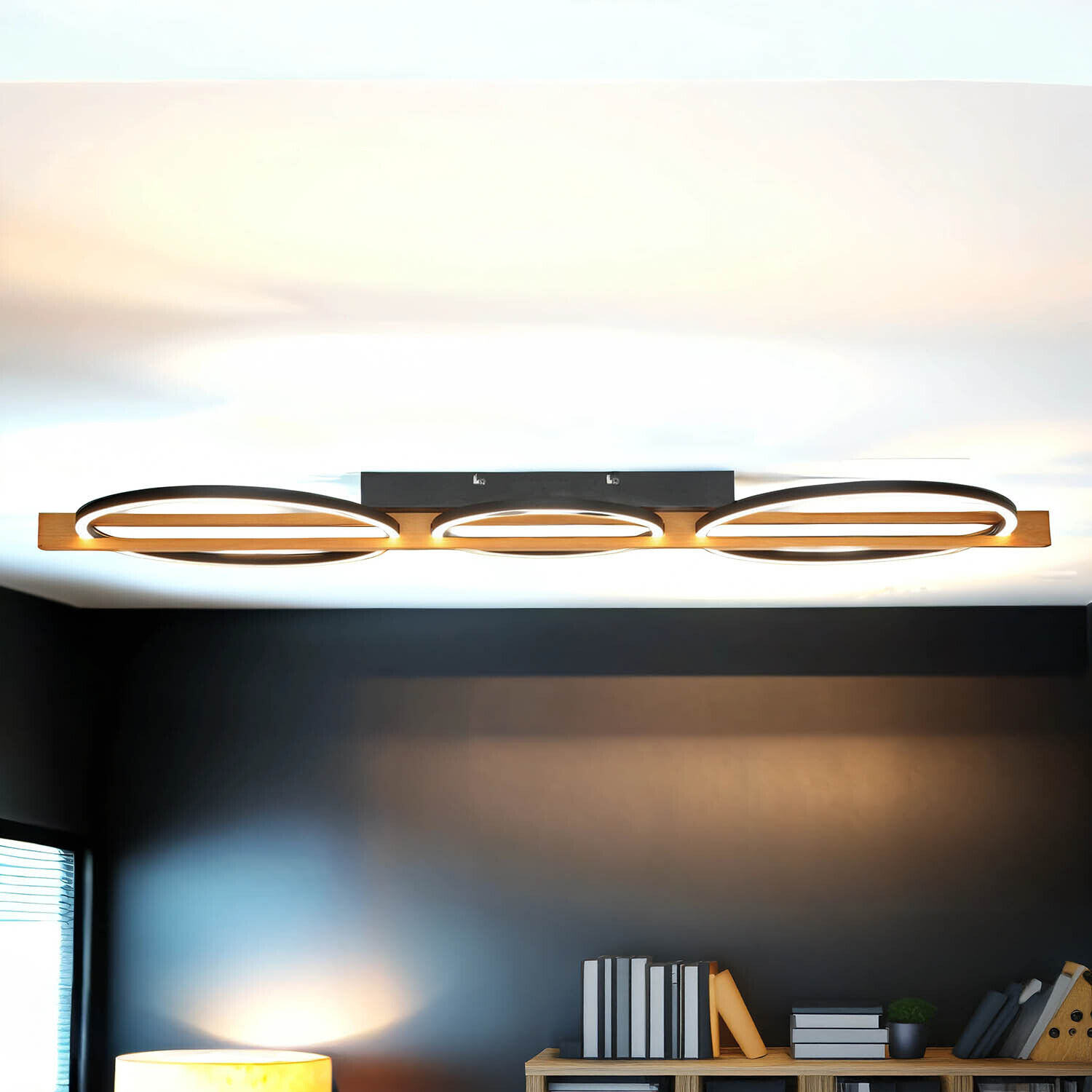 Plafonnier LED Noir Naturel Anneaux 114,8 cm 3000 K