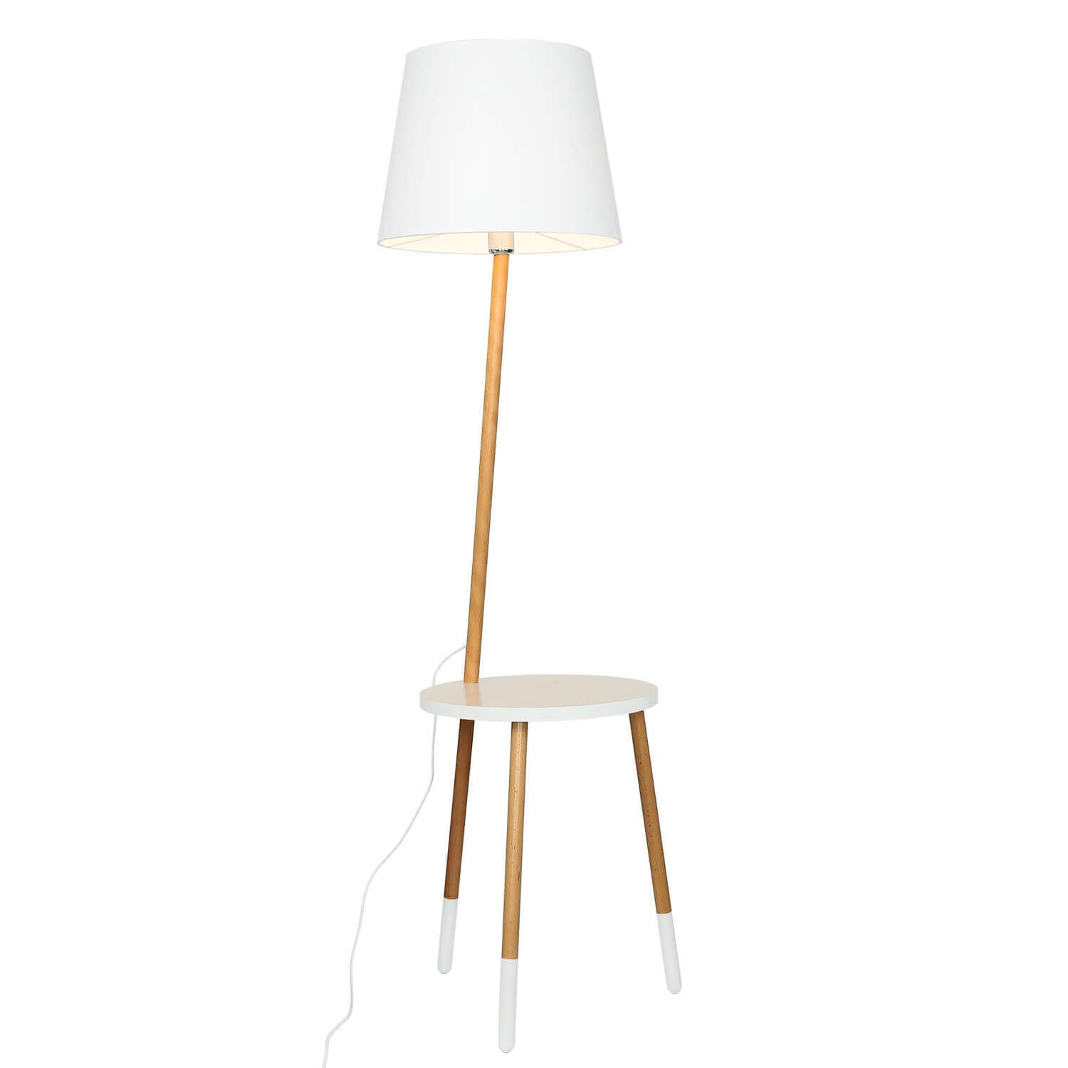 Lampadaire tripode LAMA bois tissu blanc avec tablette