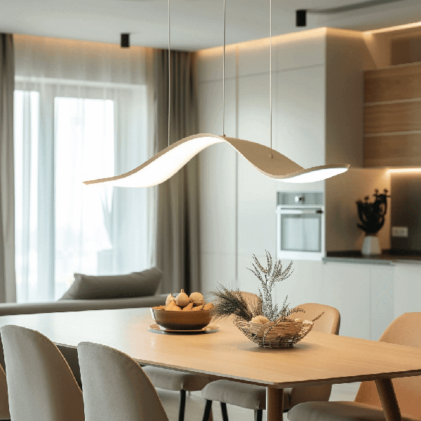 pendant lamp, curved light, kitchen dining, modern lighting, minimalist decor