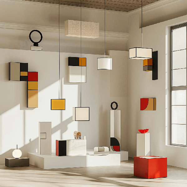 geometrische-dekoration, hängende-lampen, moderne-skulpturen, farbblöcke, raum-deko