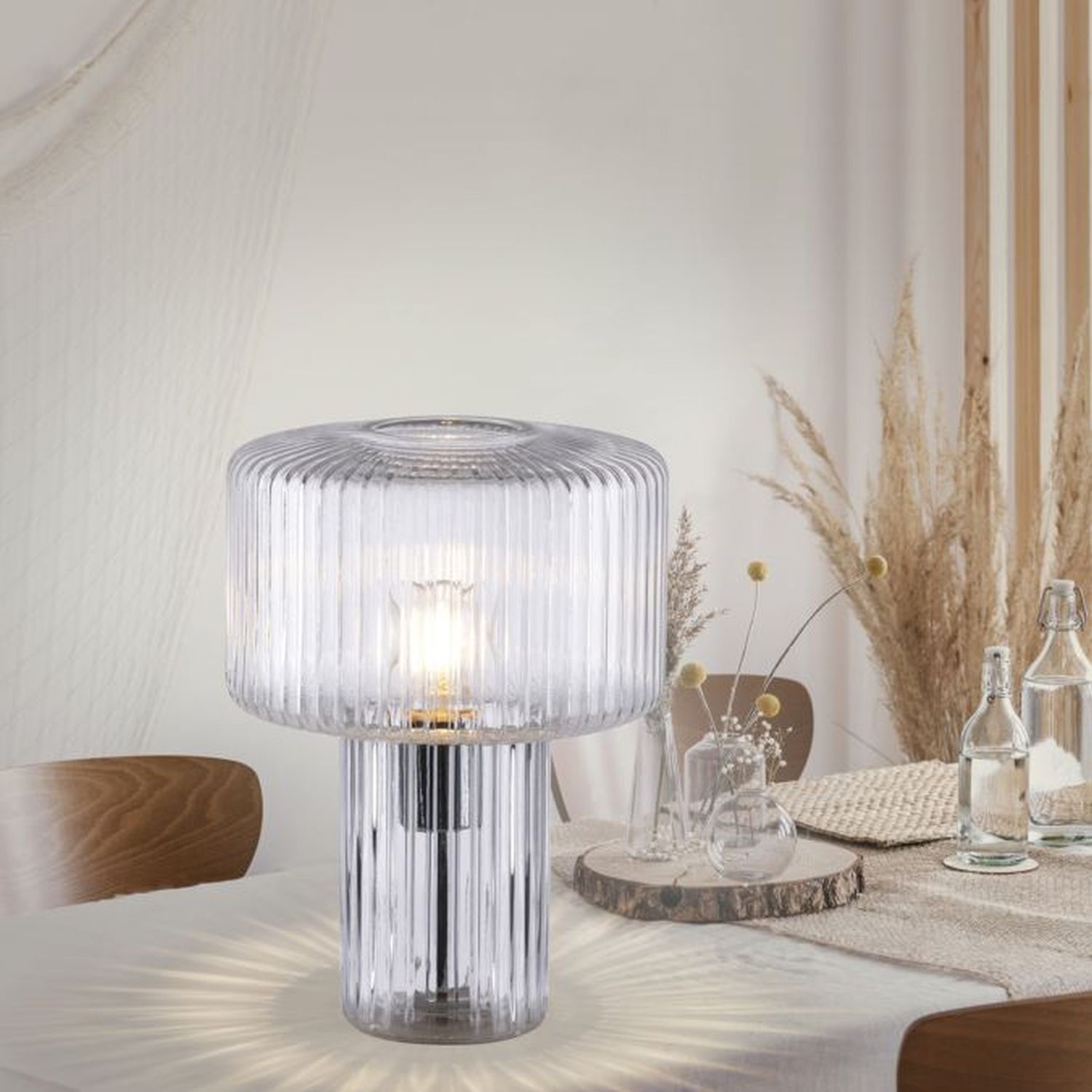 Dekorative Tischleuchte Riffelglas E27 35 cm Pilz rund Lampe