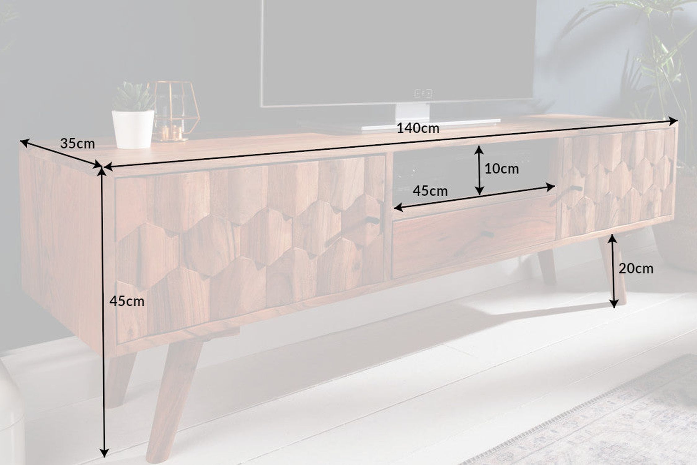TV Lowboard en acacia, largeur 140 cm, façades 3D massives TV Lowboard en acacia, largeur 140 cm, façades 3D massives