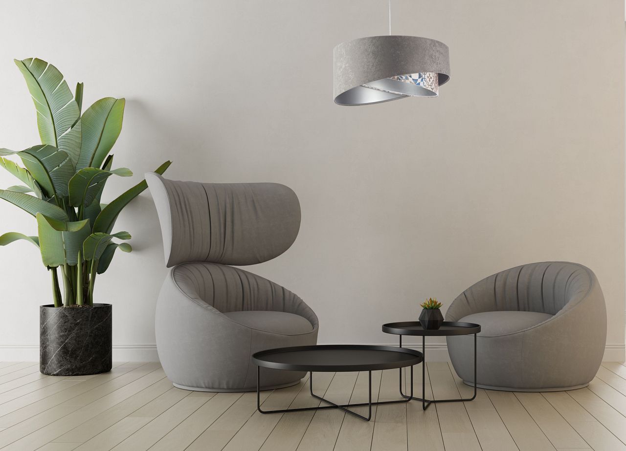 Pendelleuchte Stoffschirm Ø 50 cm Grau Beige Silber E27 Pflanze, Lampe, Mobiliar