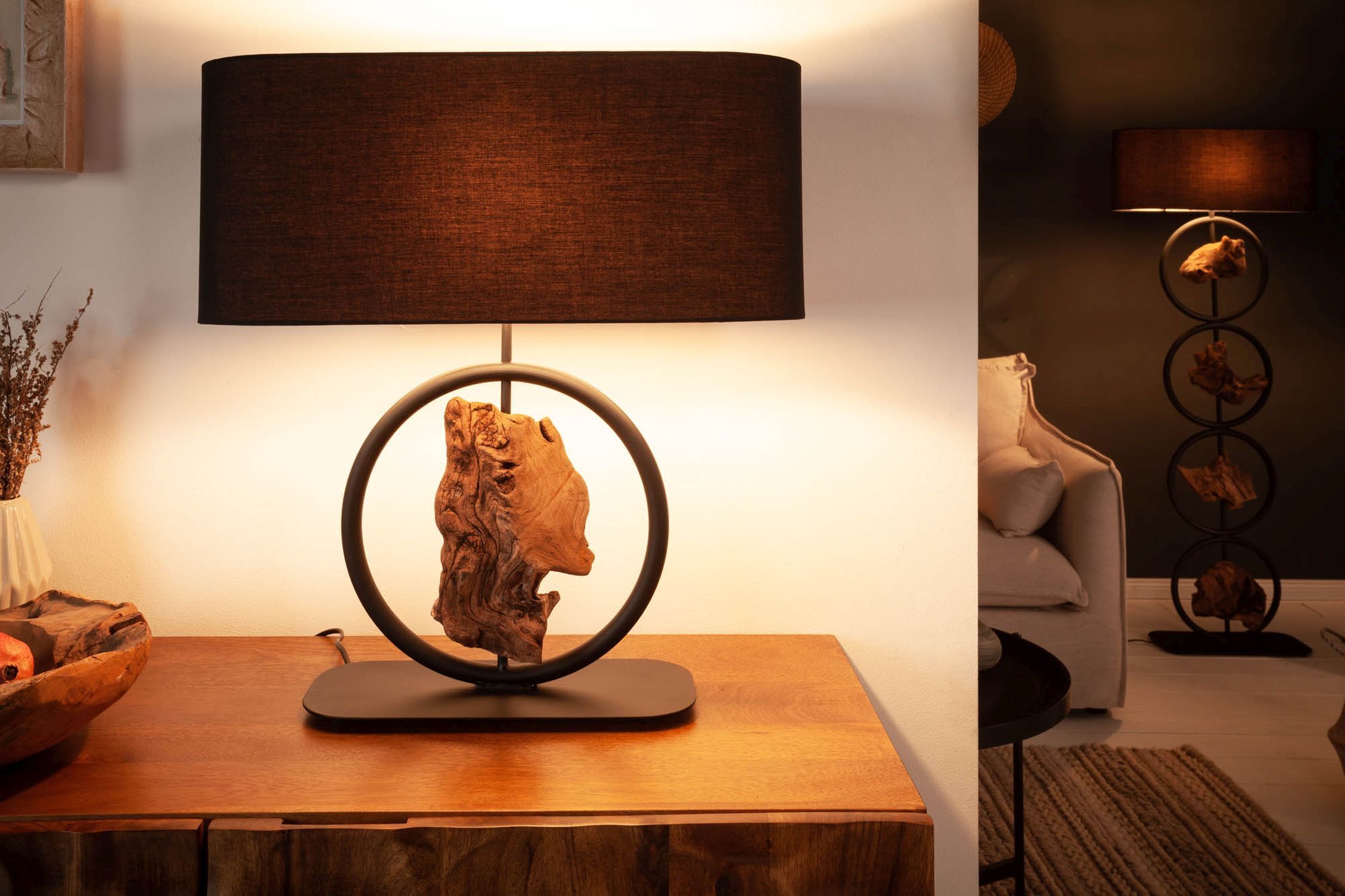 Tischlampe, Holzskulptur, Metallrahmen, Kunstobjekt, Wohnzimmerdeko