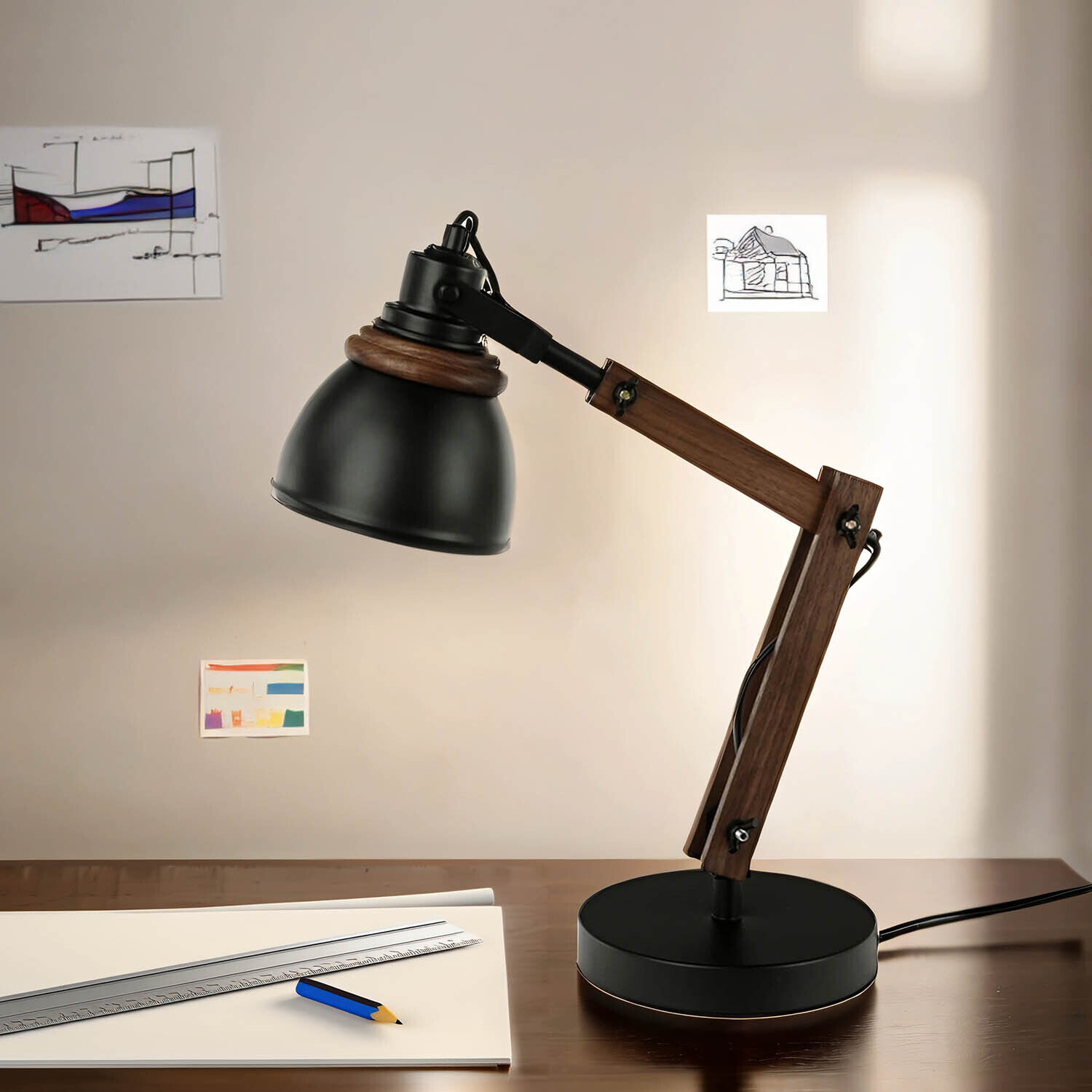 Lampe de bureau réglable Rétro Métal Bois E14