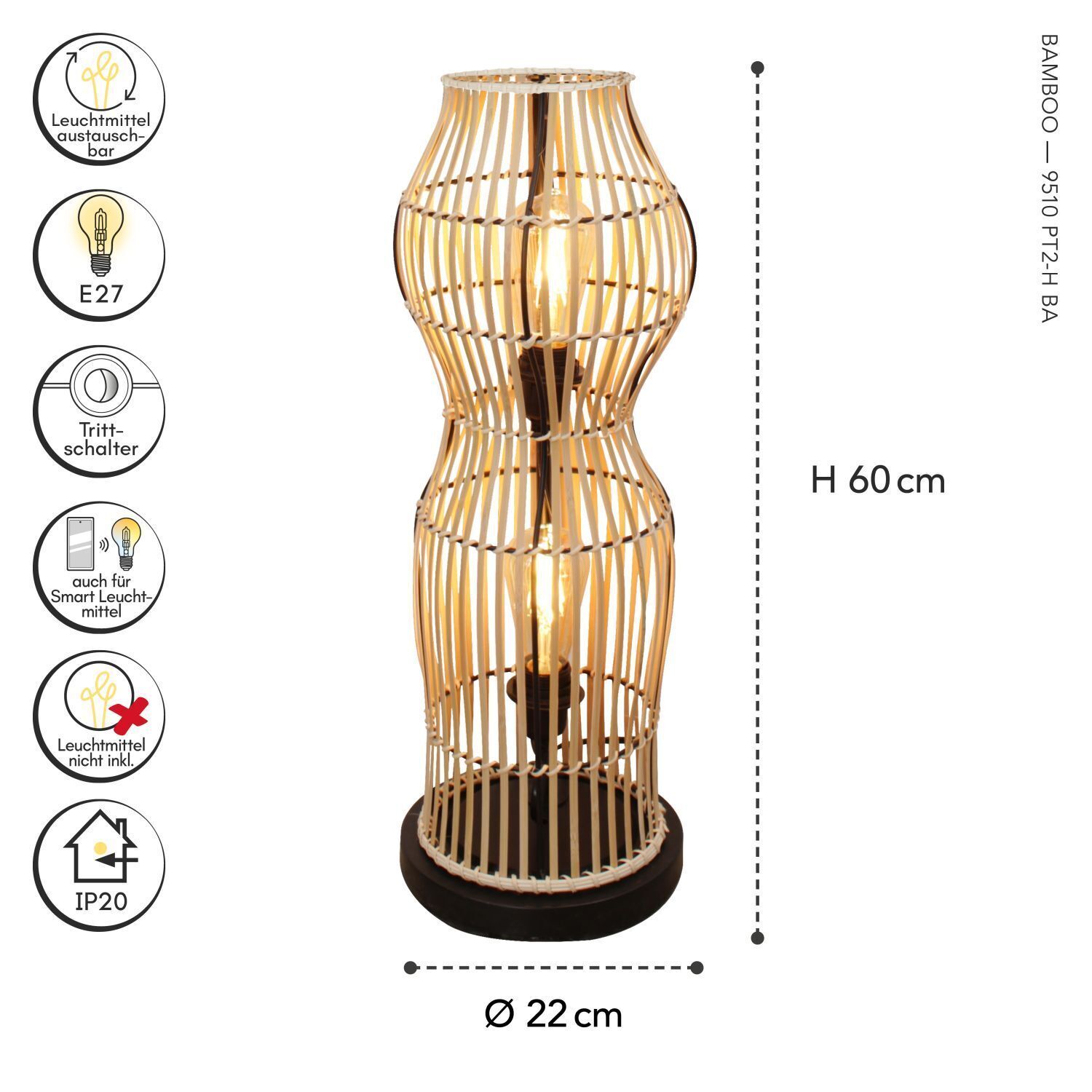 Moderne Stehlampe Bambus Natur Schwarz E27 60 cm 2-flmg Lampen, Hängeleuchte, Holzlampe, Birkenholz, Bambusdesign