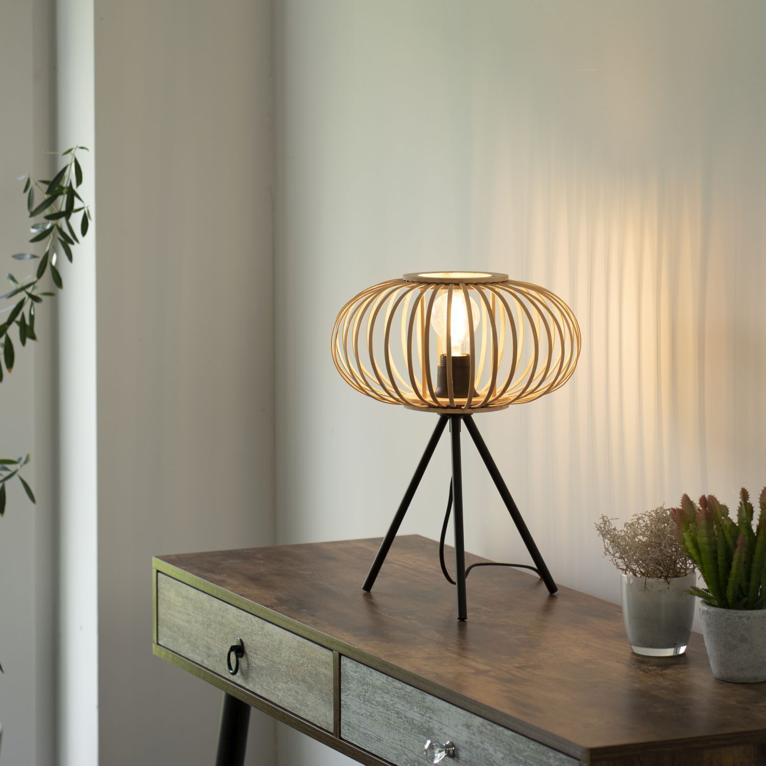 Tripod Lampe de table Scandinave Abat-jour en bois E27 41 cm Lampe