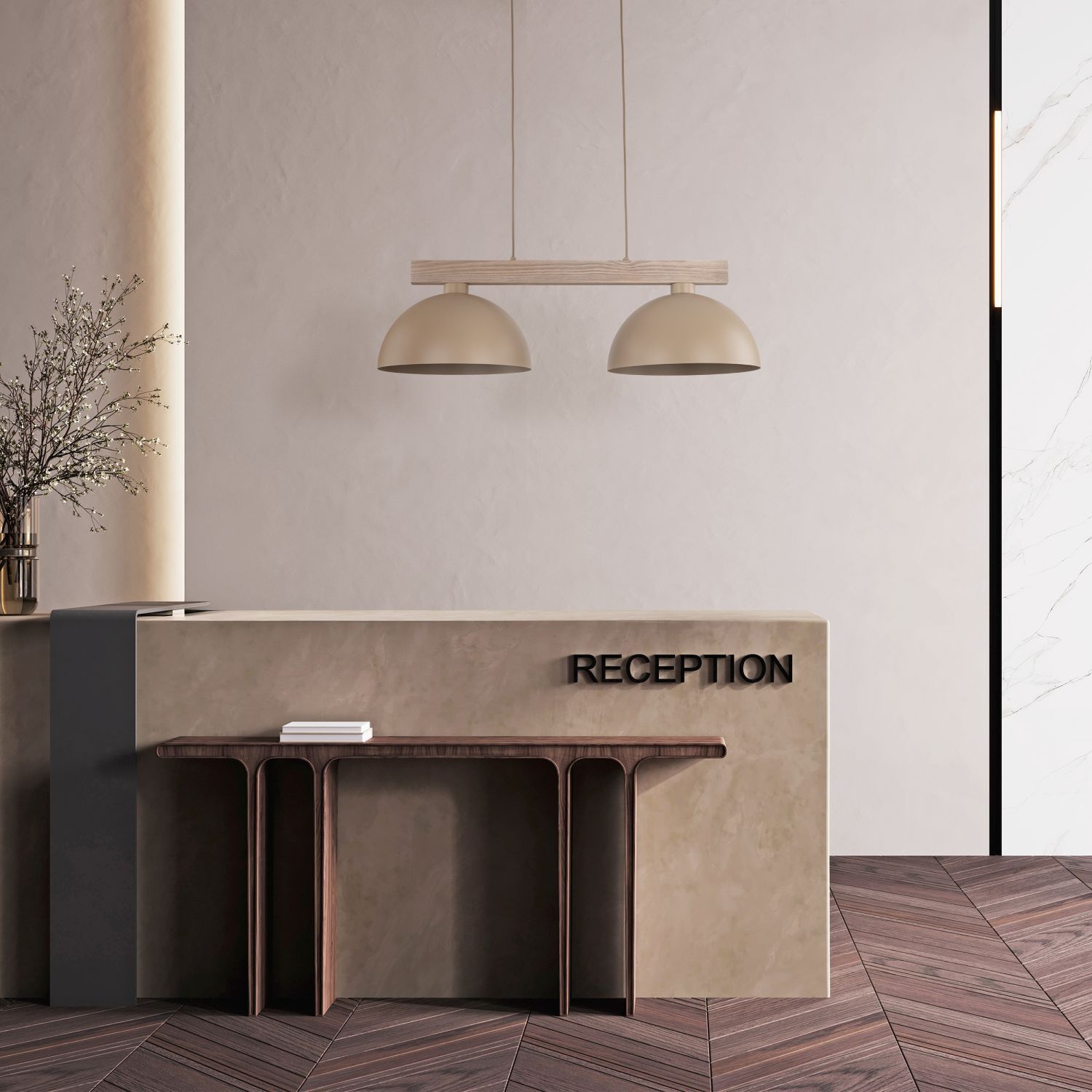 Pendelleuchte Metall Holz 83 cm Beige E27 2-flammig Empfangstresen, Beton-Theke, Holztisch, Pendelleuchten, Minimalistische Innenausstattung