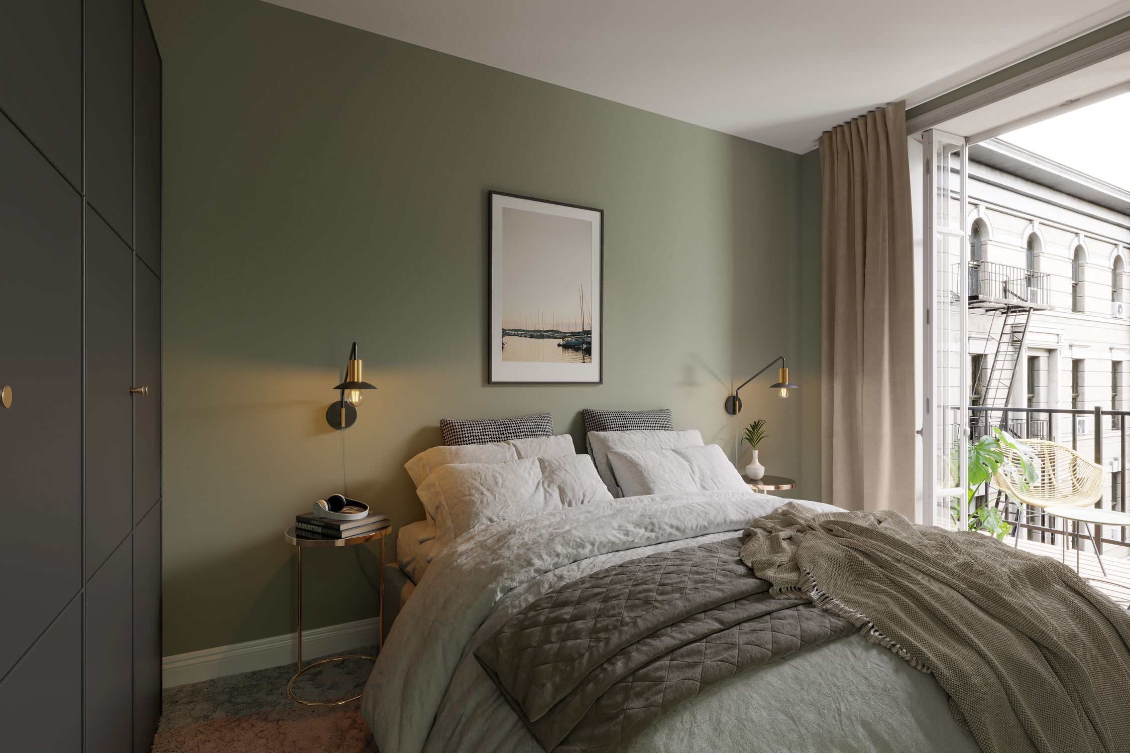 Schlafzimmer, Bett, Bettwäsche, Wandlampen, Grünwand