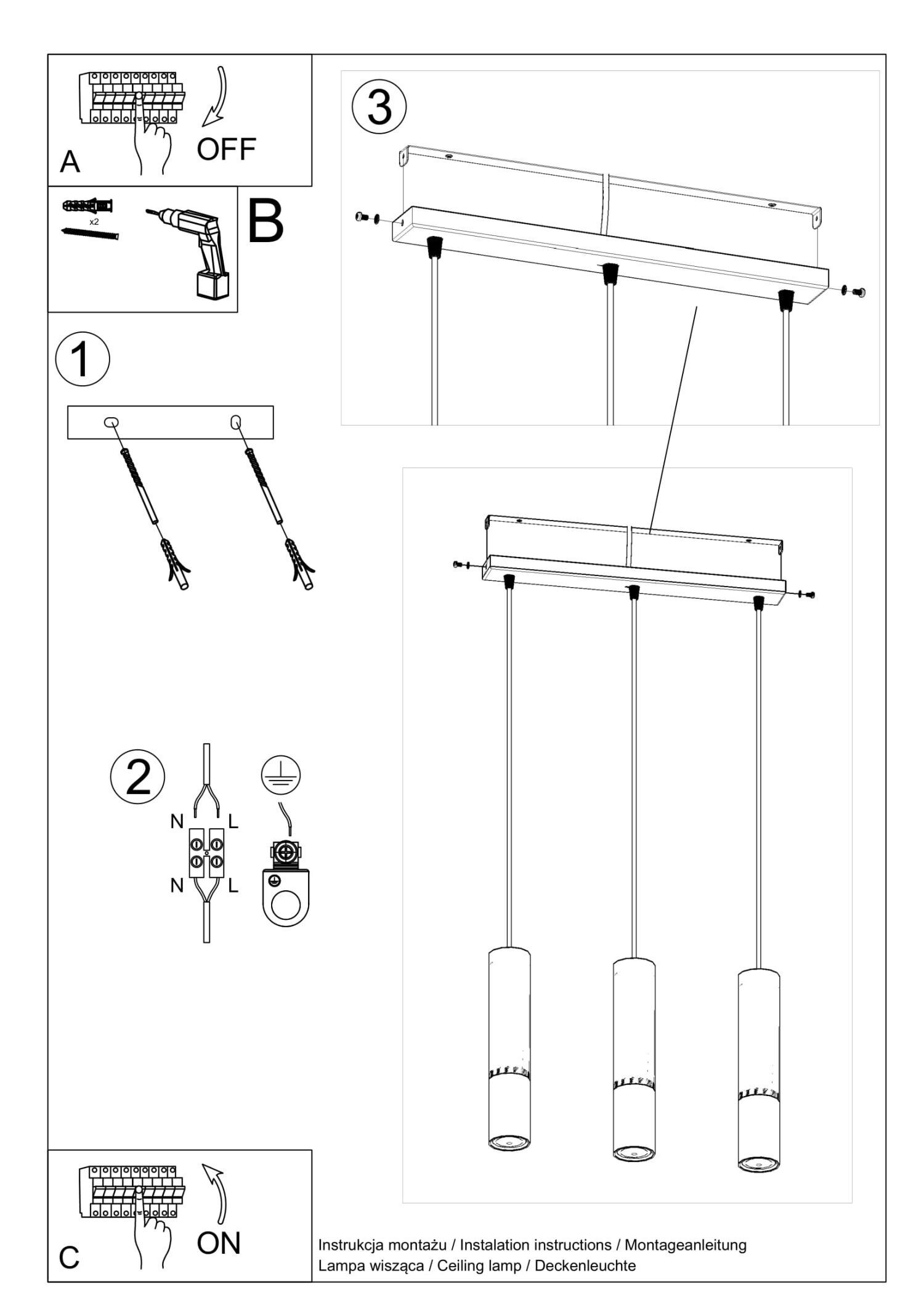 Lampe à suspendre noire cuivre 3 flammes L : 45 cm Métal