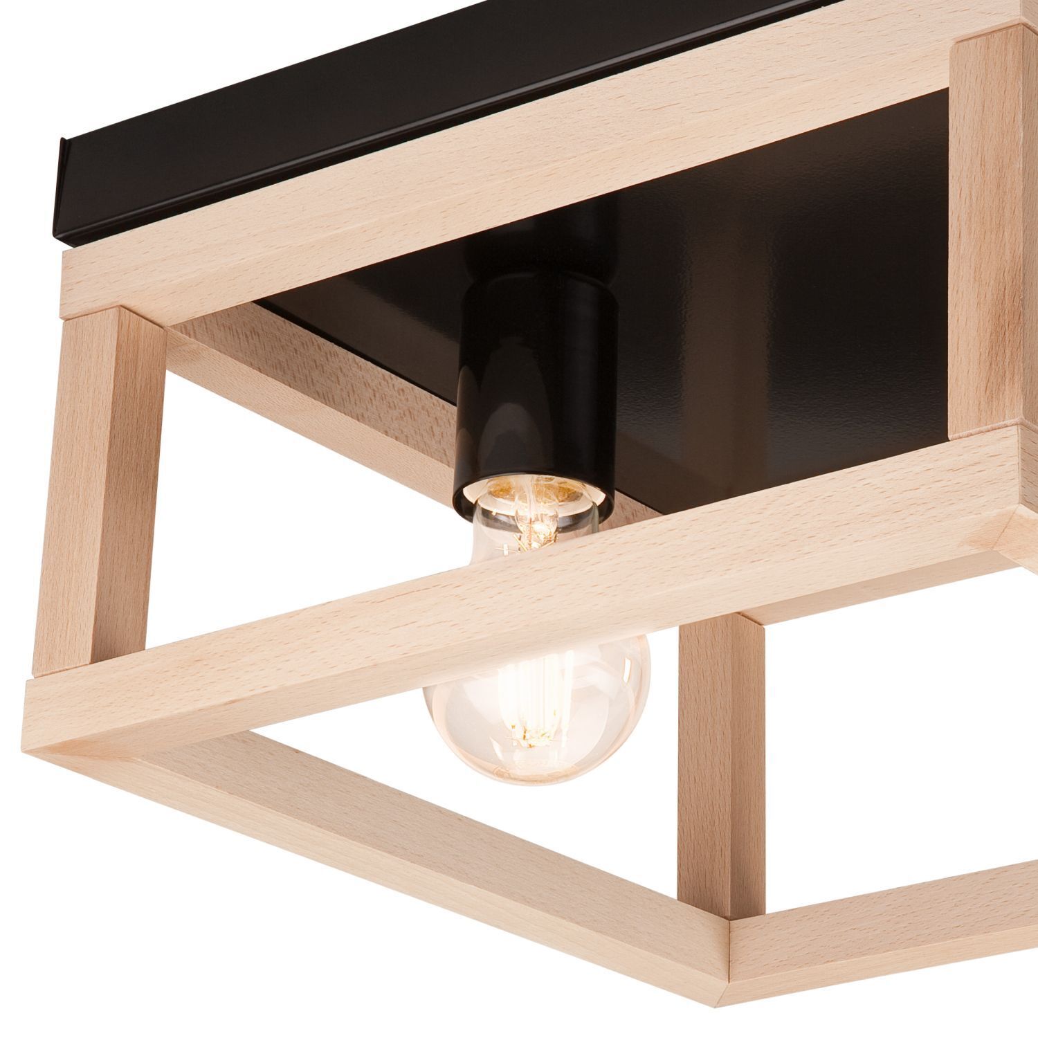 Plafonnier noir naturel 2x E27 L : 30 cm carré bois métal