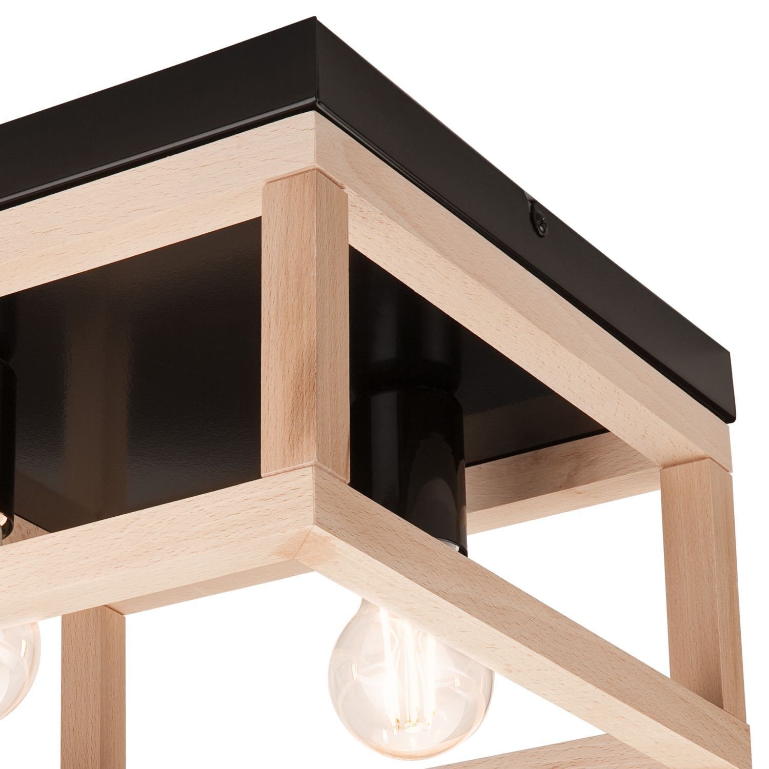 Plafonnier noir naturel 2x E27 L : 30 cm carré bois métal