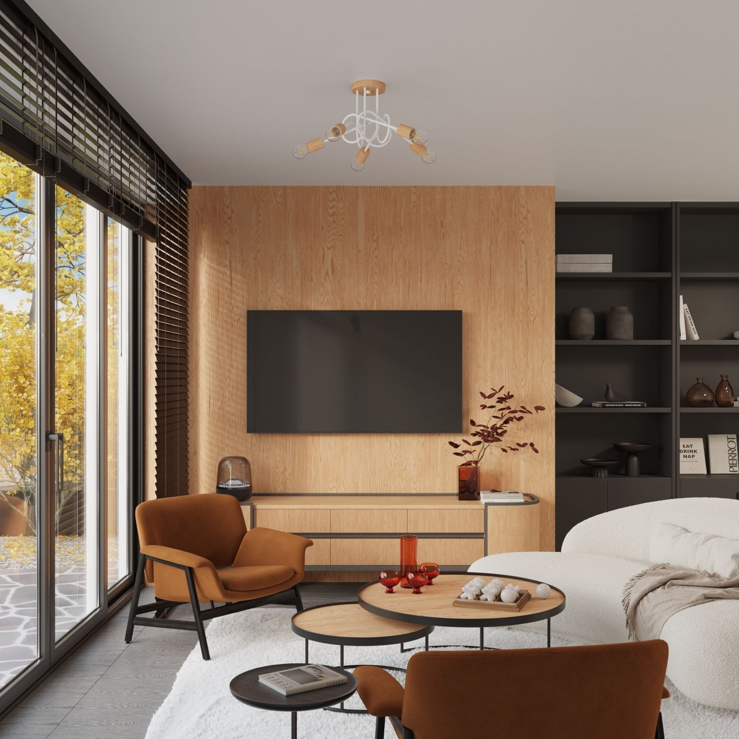 wohnzimmer, tv wand, holzoptik, couchtisch, lounge chair