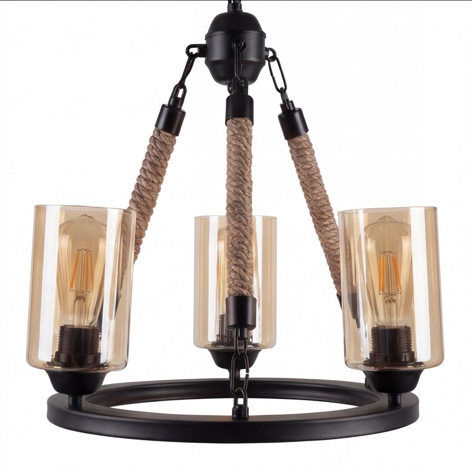 Kronleuchter Metall Rauchglas E27 B: 45 cm 3-flammig Kronleuchter, Hängelampe, Industrie-Lampe, Seilverspannung, Edison-Glühbirnen