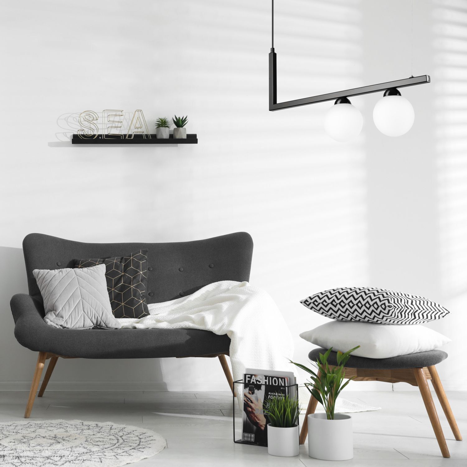 Suspension noir blanc allongé verre métal 2x G9