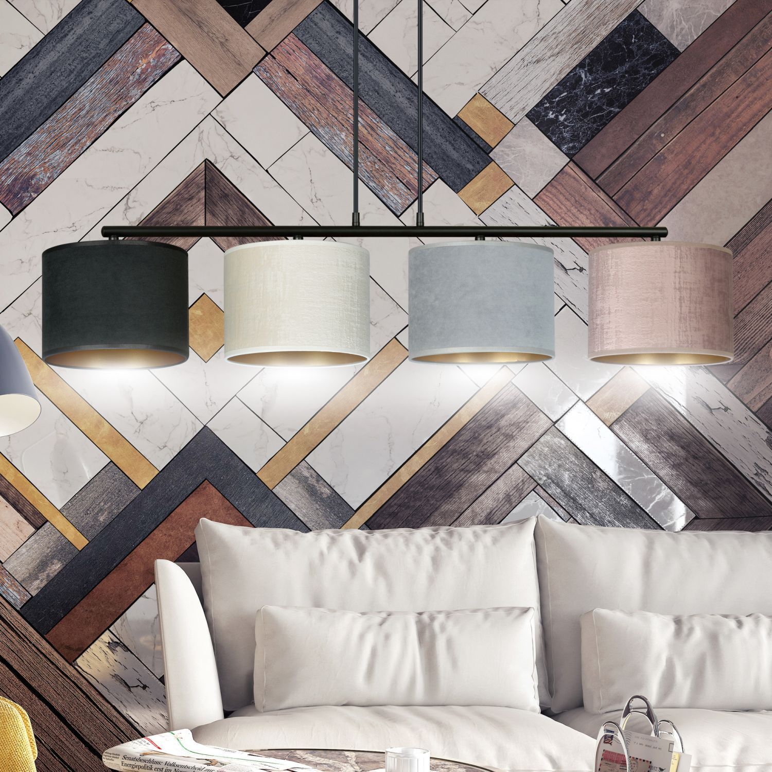 Suspension tissu métal L : 97 cm 4-flamme E27 CYRIL Drinnen, Innenarchitektur, Lampe, Handtasche, Couch