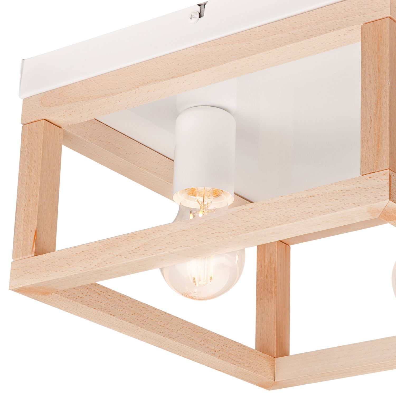Plafonnier bois métal L : 30 cm carré naturel blanc 2x E27