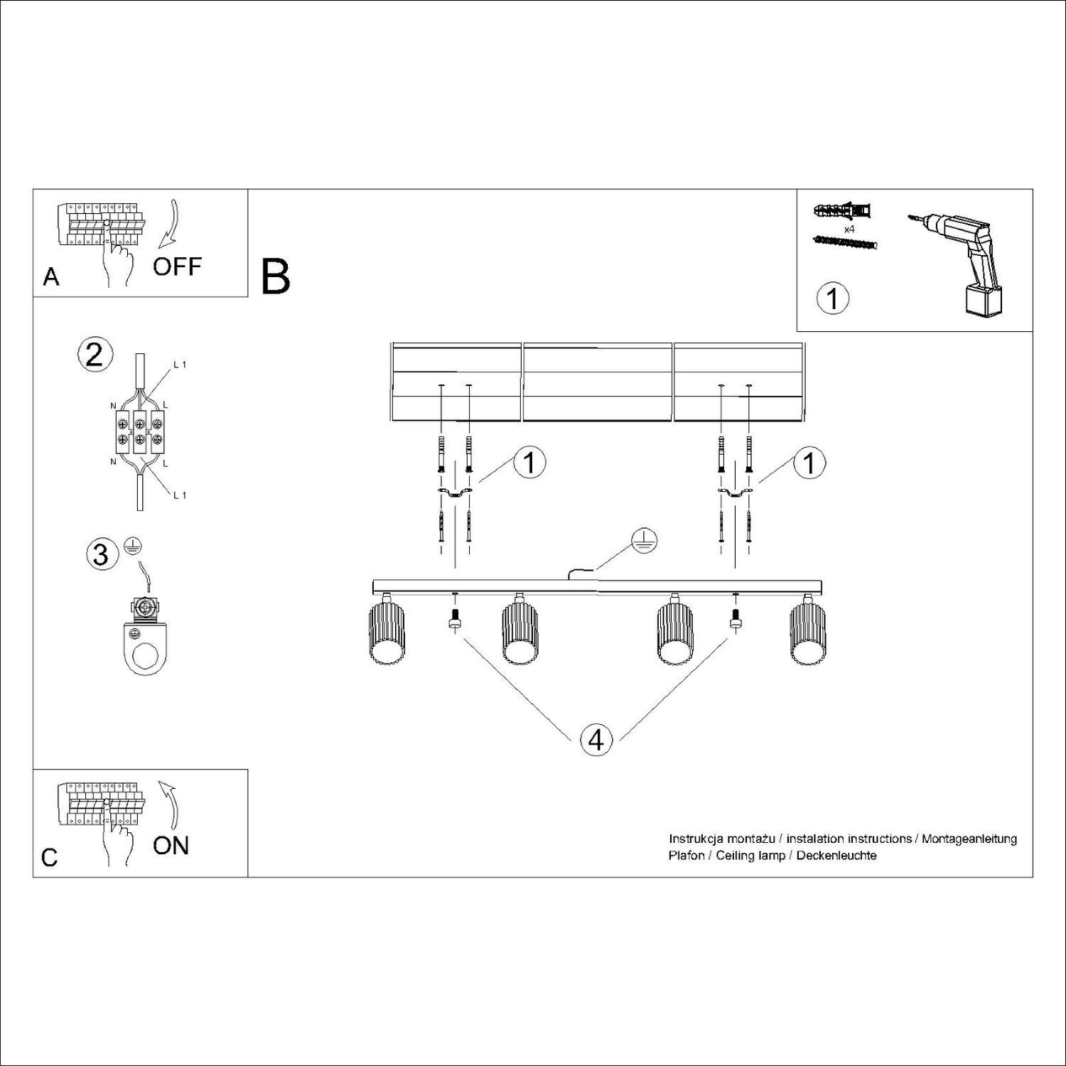 Spot de plafond moderne à 4 flammes GU10 L : 81 cm en crème