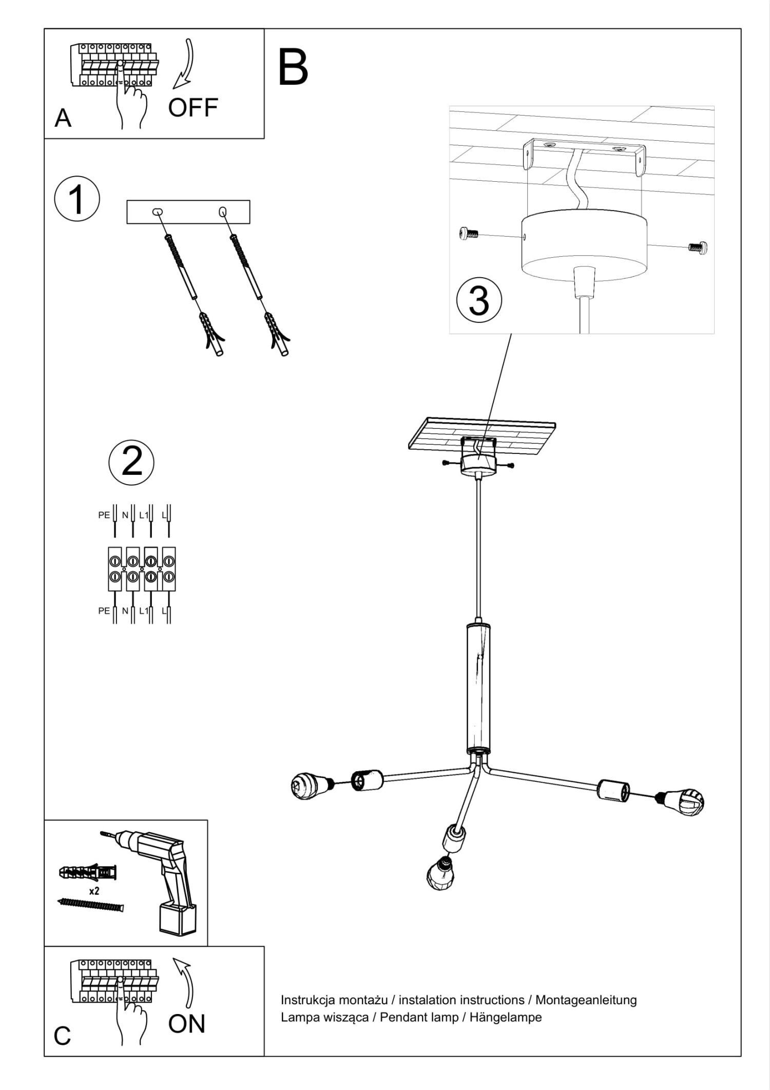 Lampe à suspendre Lampe à suspendre en métal 3-flamme E27 noir