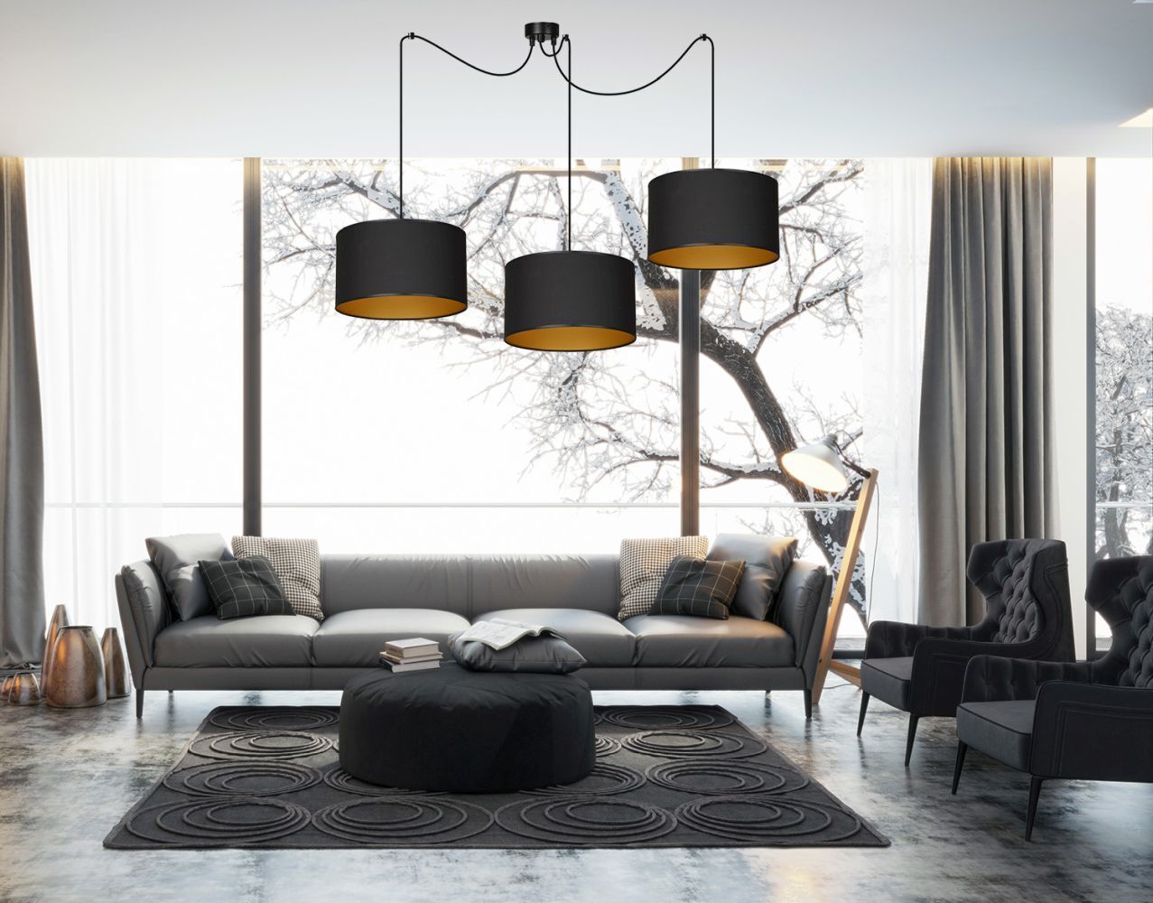 Lampe à suspendre noire or réglable 3 flammes tissu E27