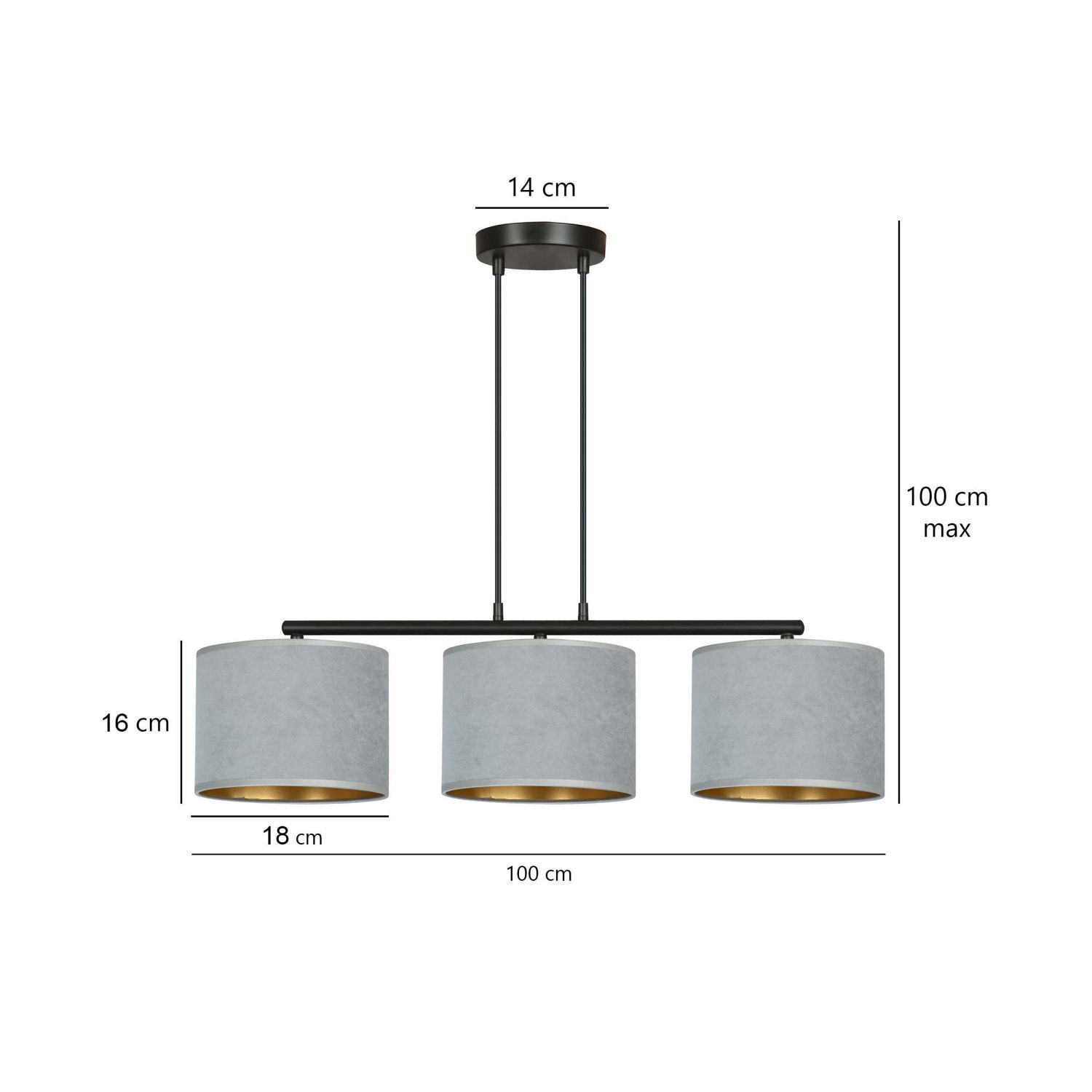 Suspension Métal Tissu L : 72 cm Noir Gris Or E27