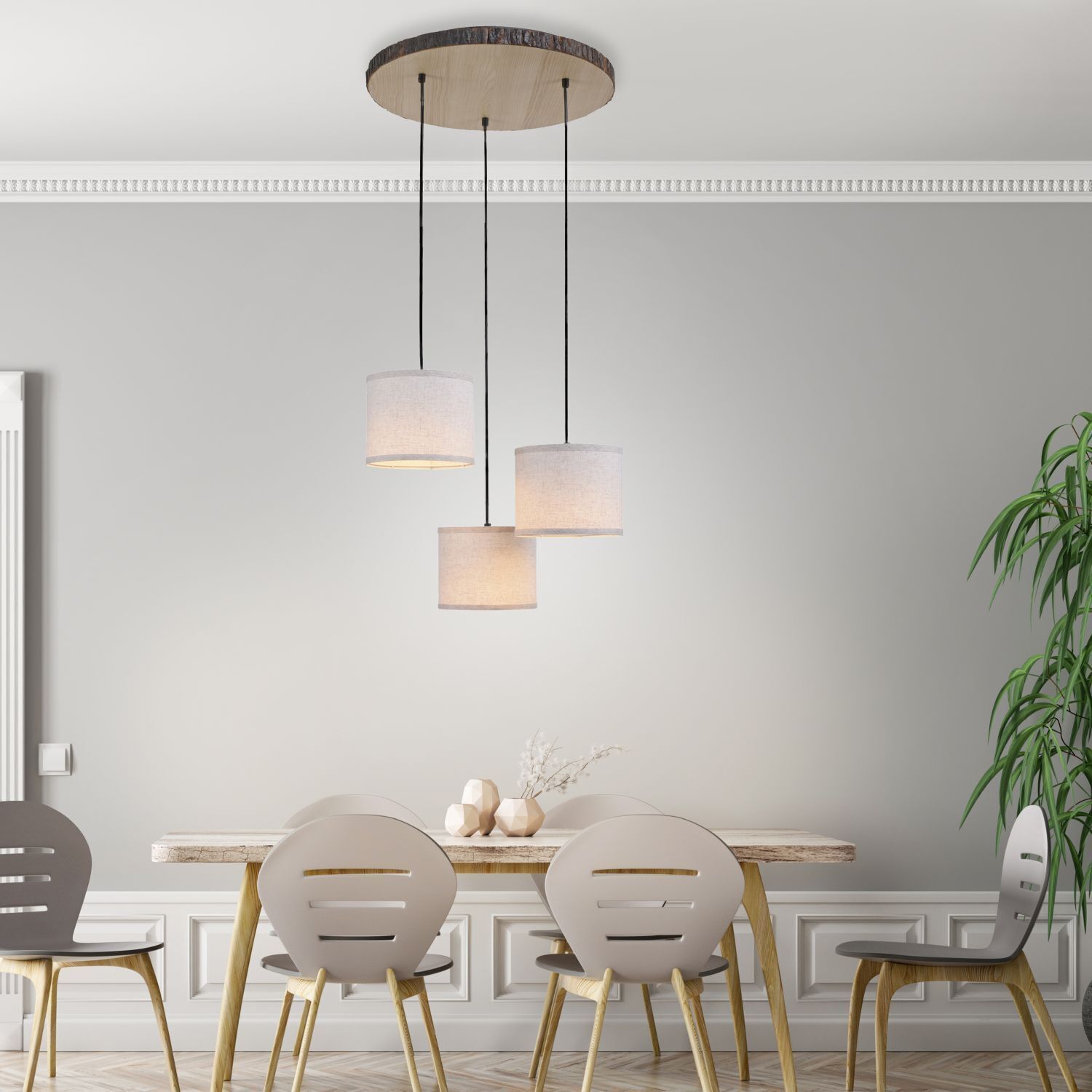 Lampe à suspendre 3 flammes bois tissu L:52 cm E27 faible éblouissement Esstisch, Tisch, Esszimmer, Lampe, Deckenleuchte