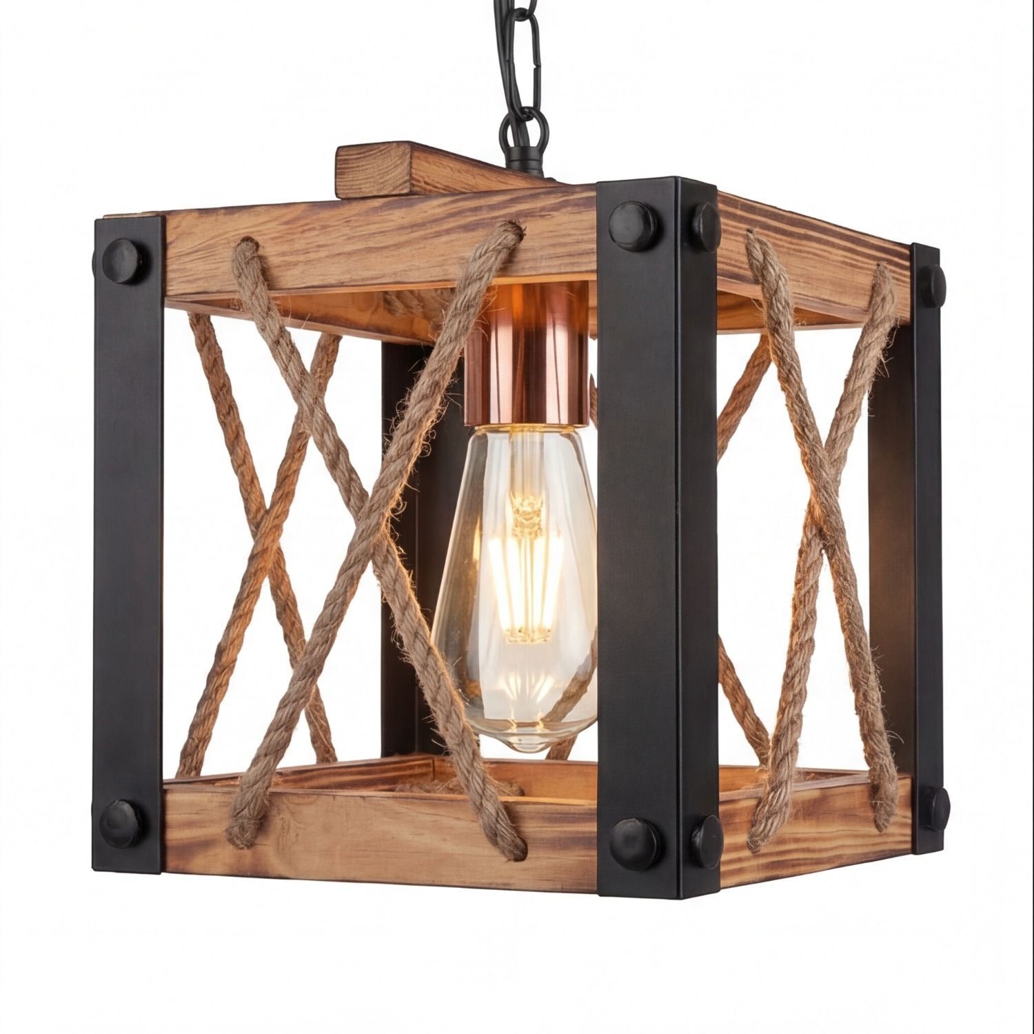 Hängeleuchte, Rustikale Lampe, Kettenlampe, Holzmetall, Edison-Bulb