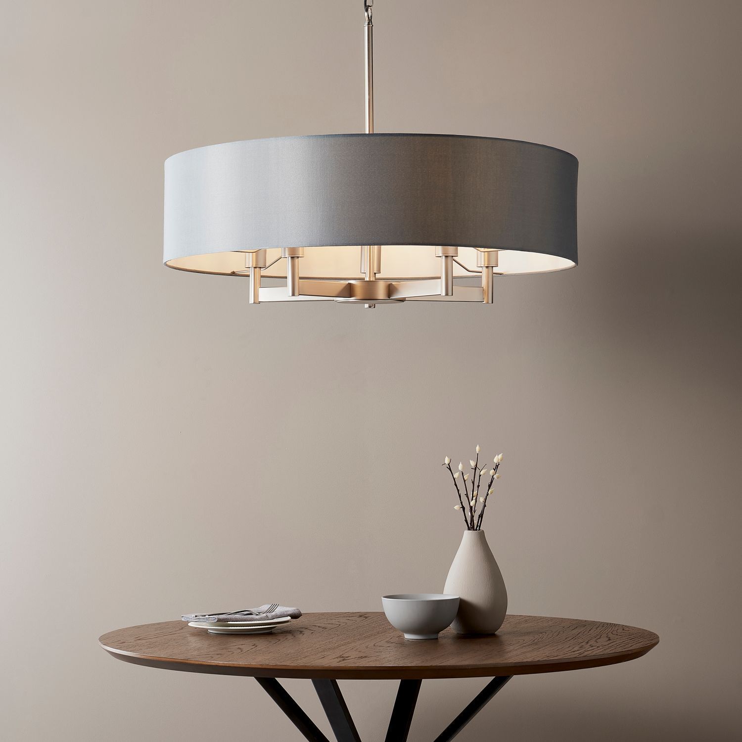 Lampe à suspendre ronde Ø 80 cm tissu métal 5x E27 en nickel gris