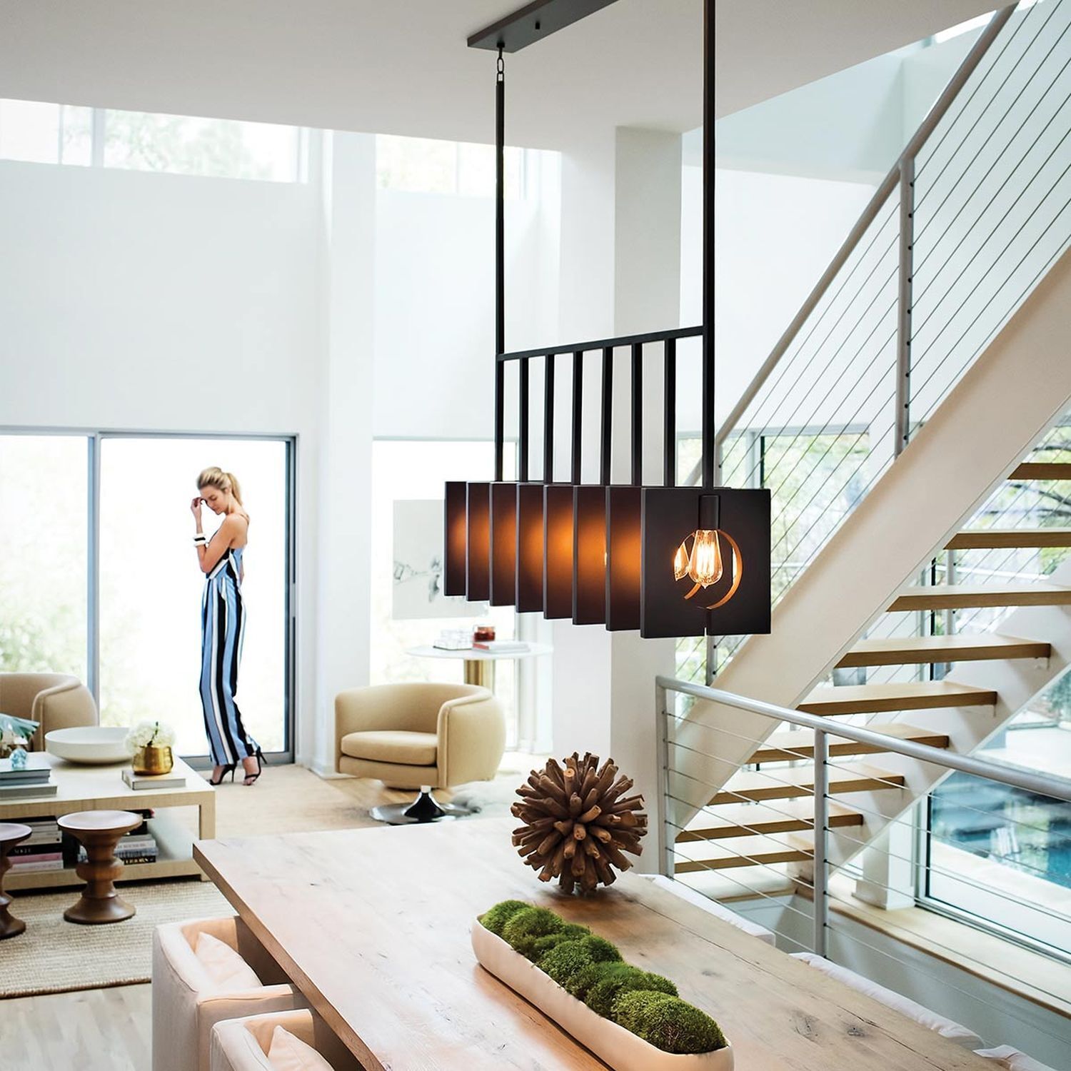 Lampe à suspendre métal E27 H : max. 142,9 cm allongée Moderne