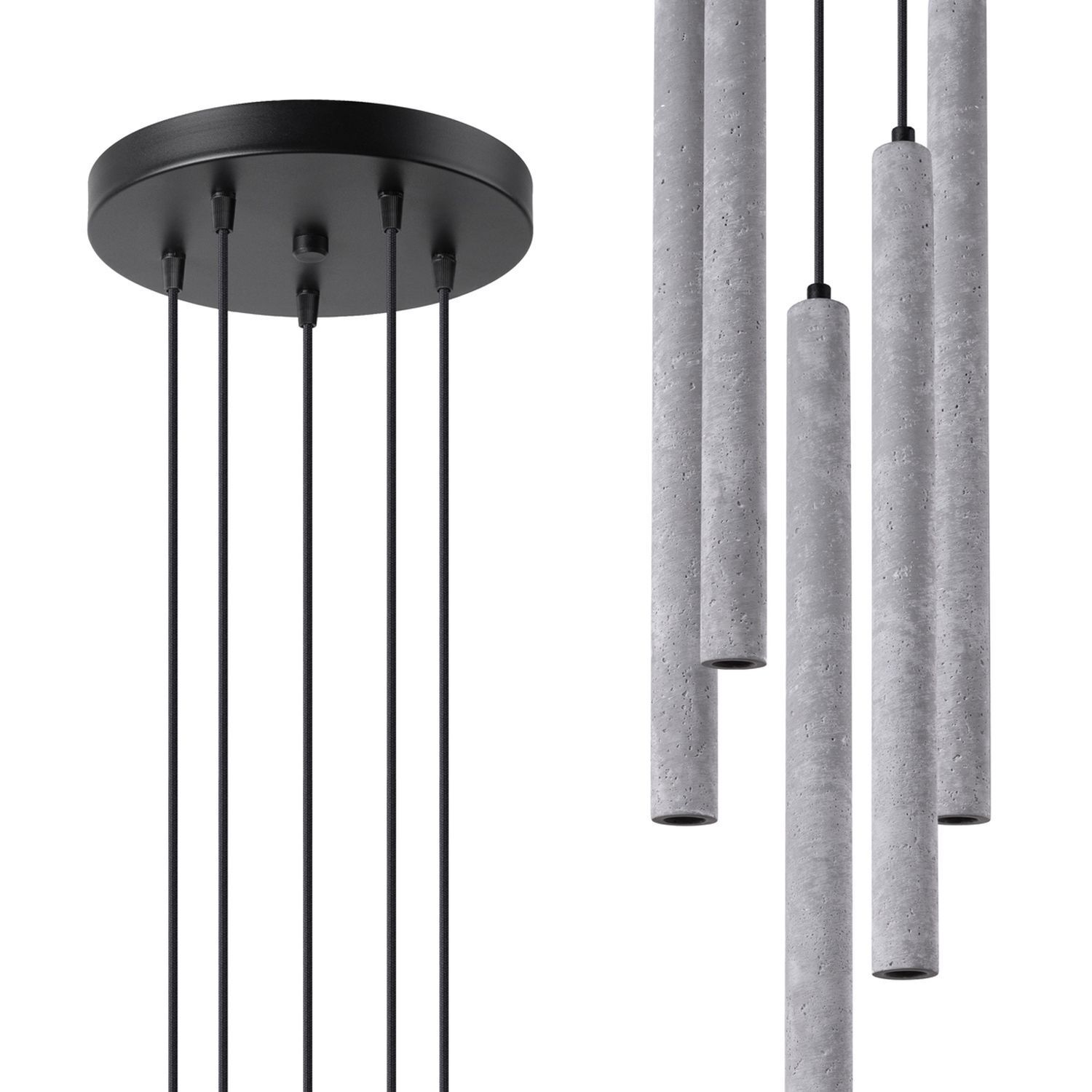 pendant light, hängende lampe, betonlook, schwarze hardware, mehrfach rohr design