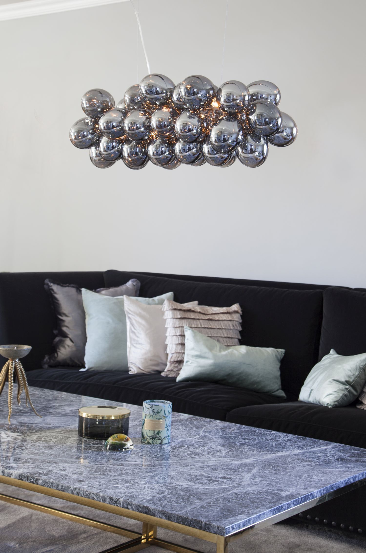 Suspension métal verre fumé L : 80 cm H : max. 120 cm 8x G9 Tabelle, Kaffeetisch, Couch, Dekoration für Zuhause, Wohnzimmer