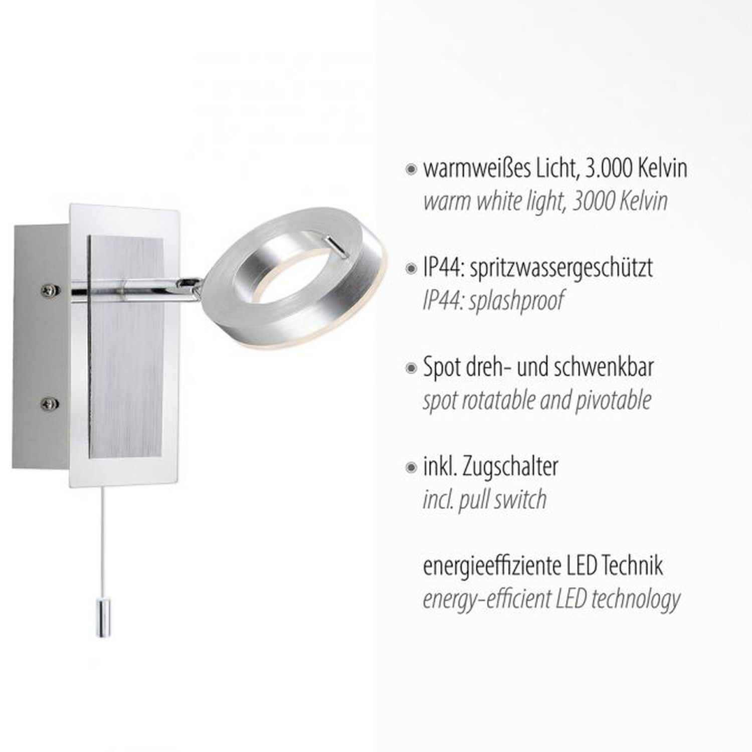 Spot mural à LED Interrupteur à tirette IP44 flexible en aluminium Beleuchtung