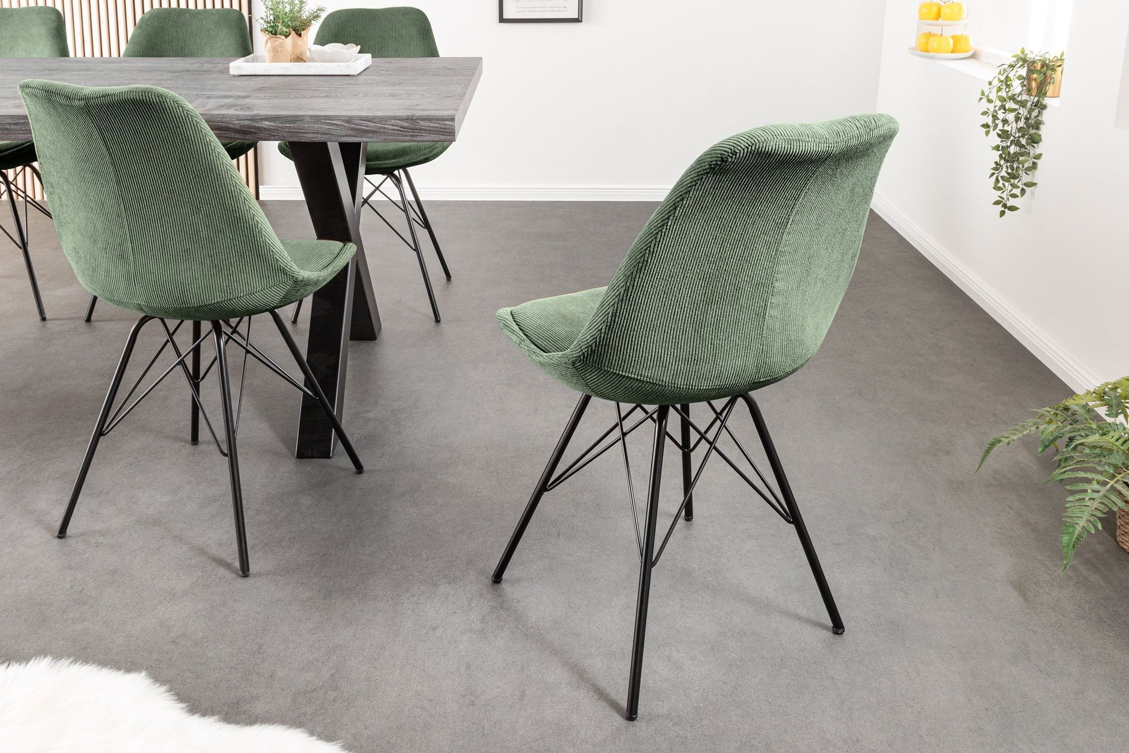 Chaise de salle à manger sans accoudoirs Velours côtelé métal vert noir Fußboden, Esstisch, Mobiliar, Tabelle, Stuhl