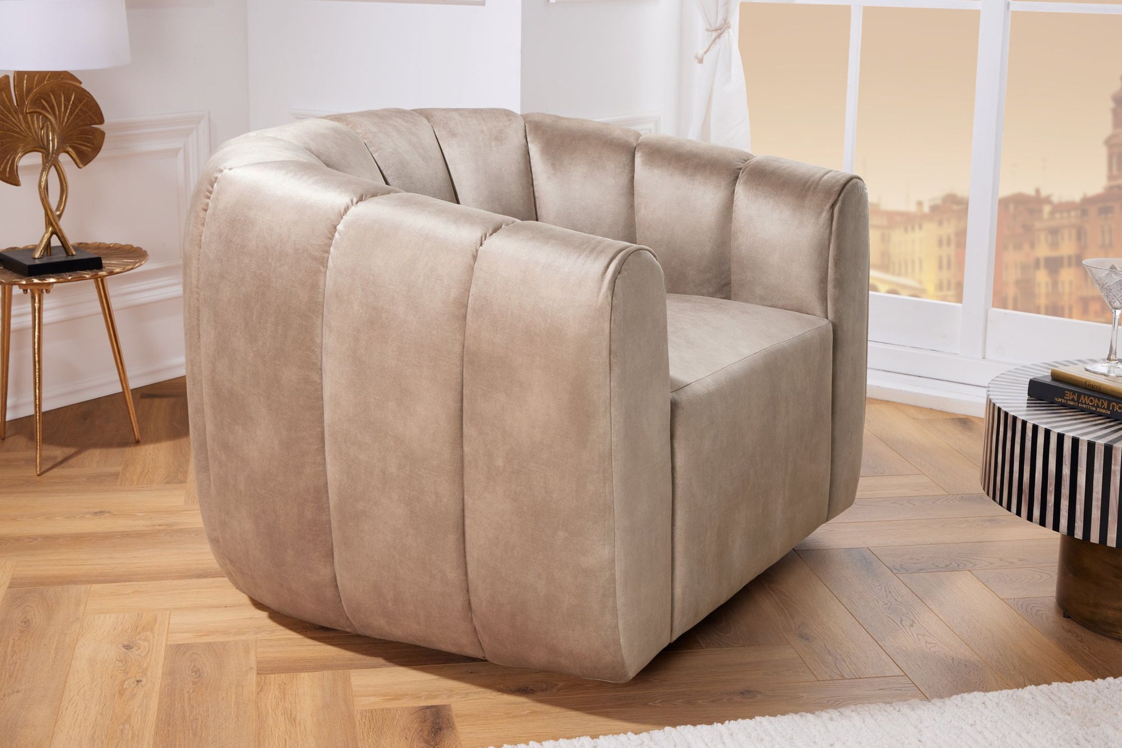 Fauteuil pivotant en velours gris avec accoudoirs design rétro Moebel, Stuhl, Sessel, Couch