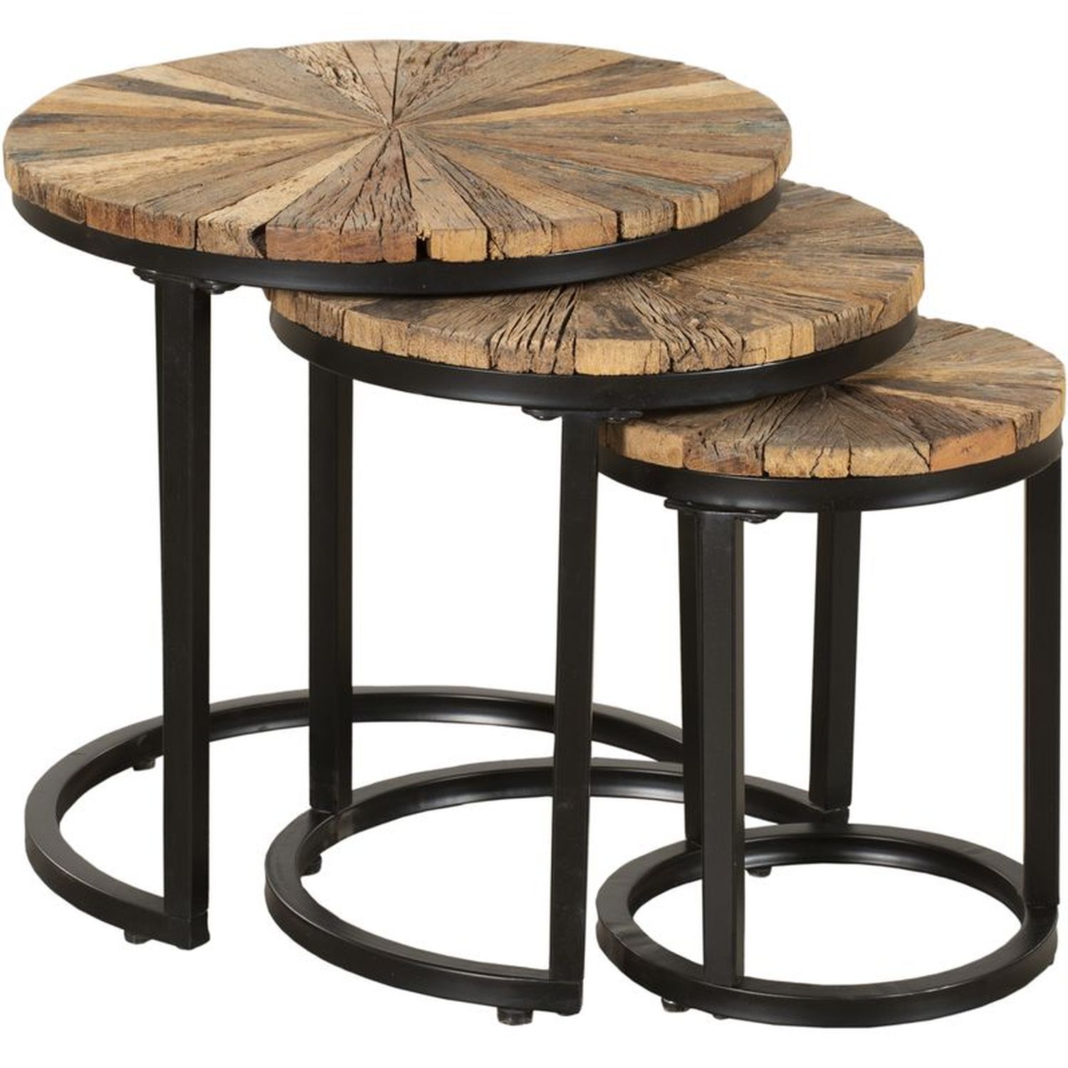 Set de 3 tables d'appoint bois acier Ø 28/38/46cm rond