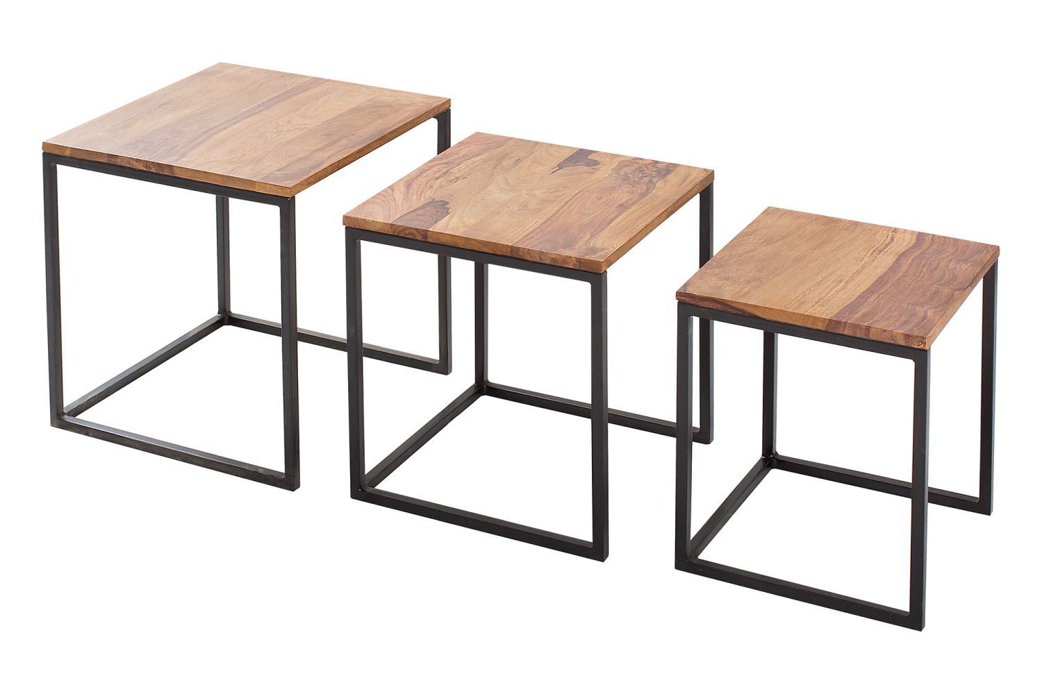 Table d'appoint bois de sheesham métal set de 3 pièces en noir naturel Moebel, Tabelle, Kaffeetisch, Esstisch, Holz