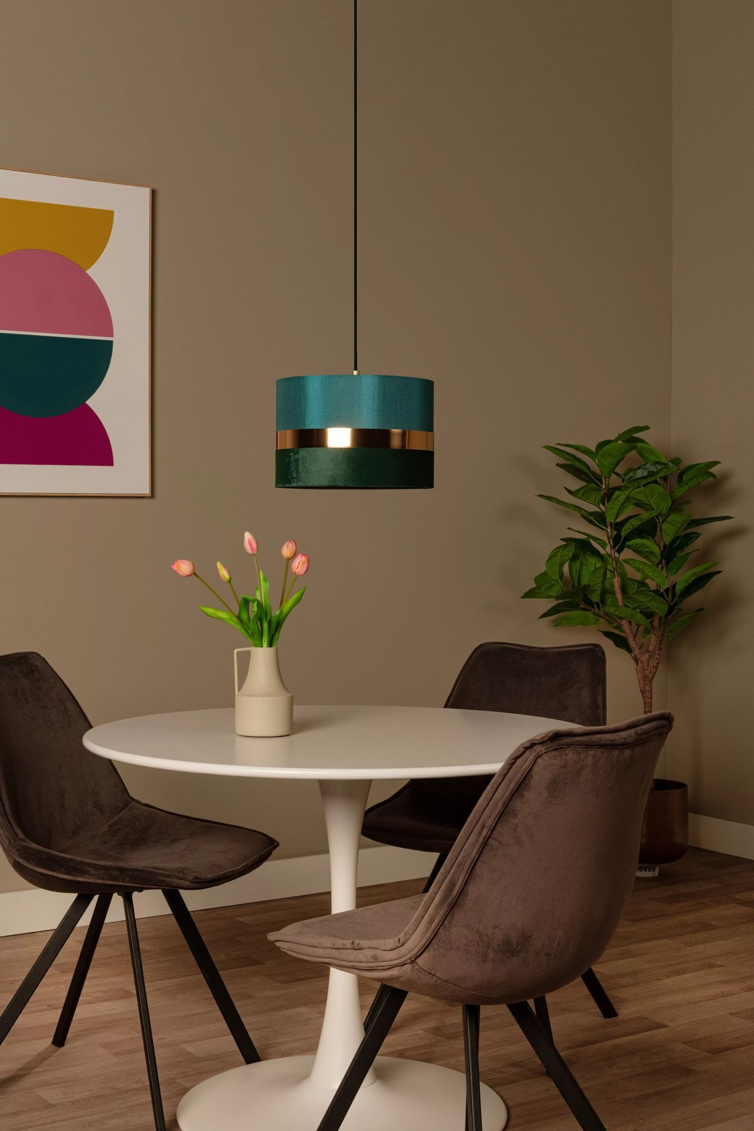 Stilvolle Pendelleuchte Stoff Grün Gold E27 Ø30 cm rund Esstisch, Tisch, Esszimmer, Lampe, Tischplatte