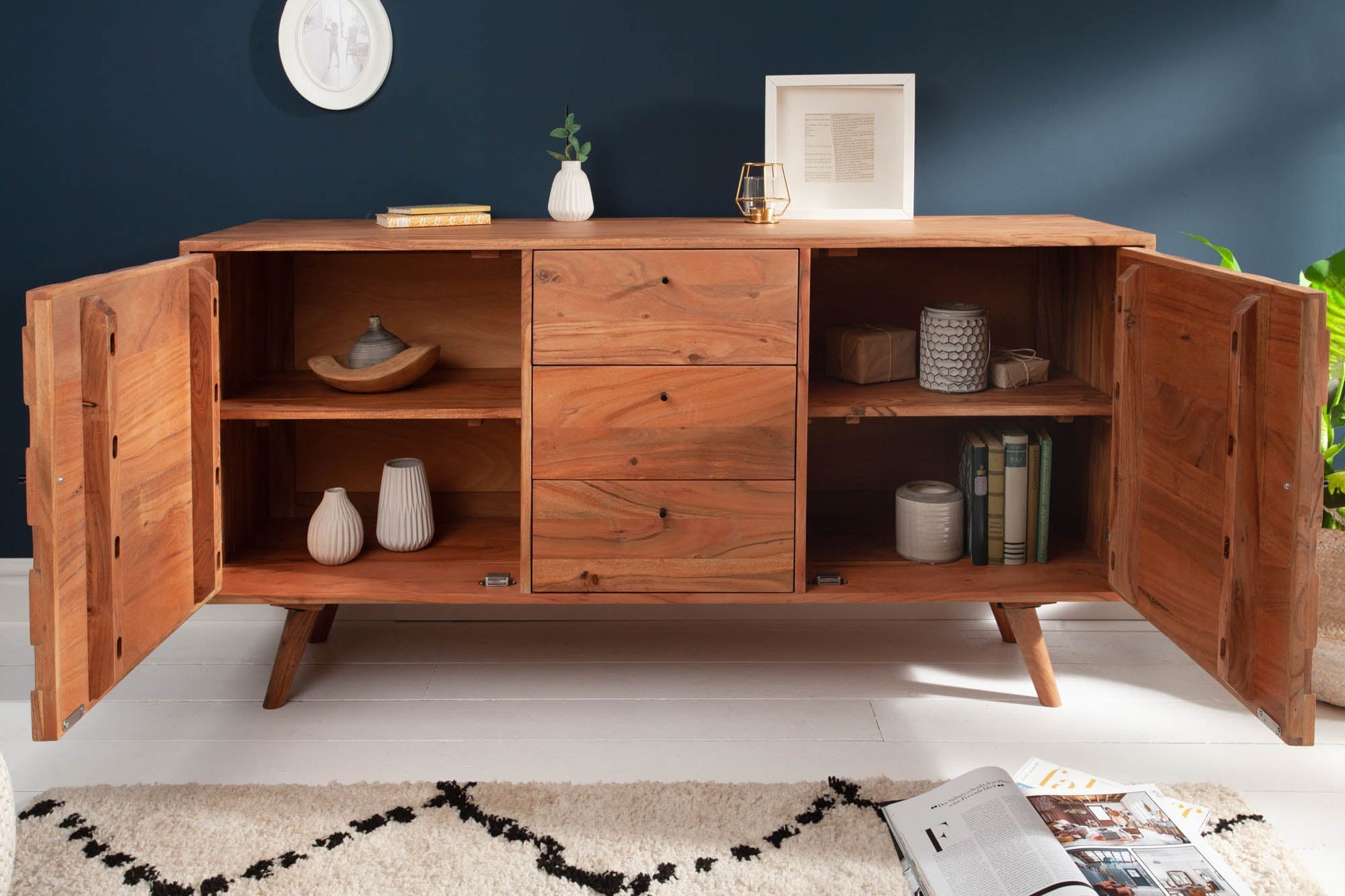 Sideboard acacia 145 x 75cm façades 3D rétro tiroirs portes Sideboard acacia 145 x 75cm façades 3D rétro tiroirs portes