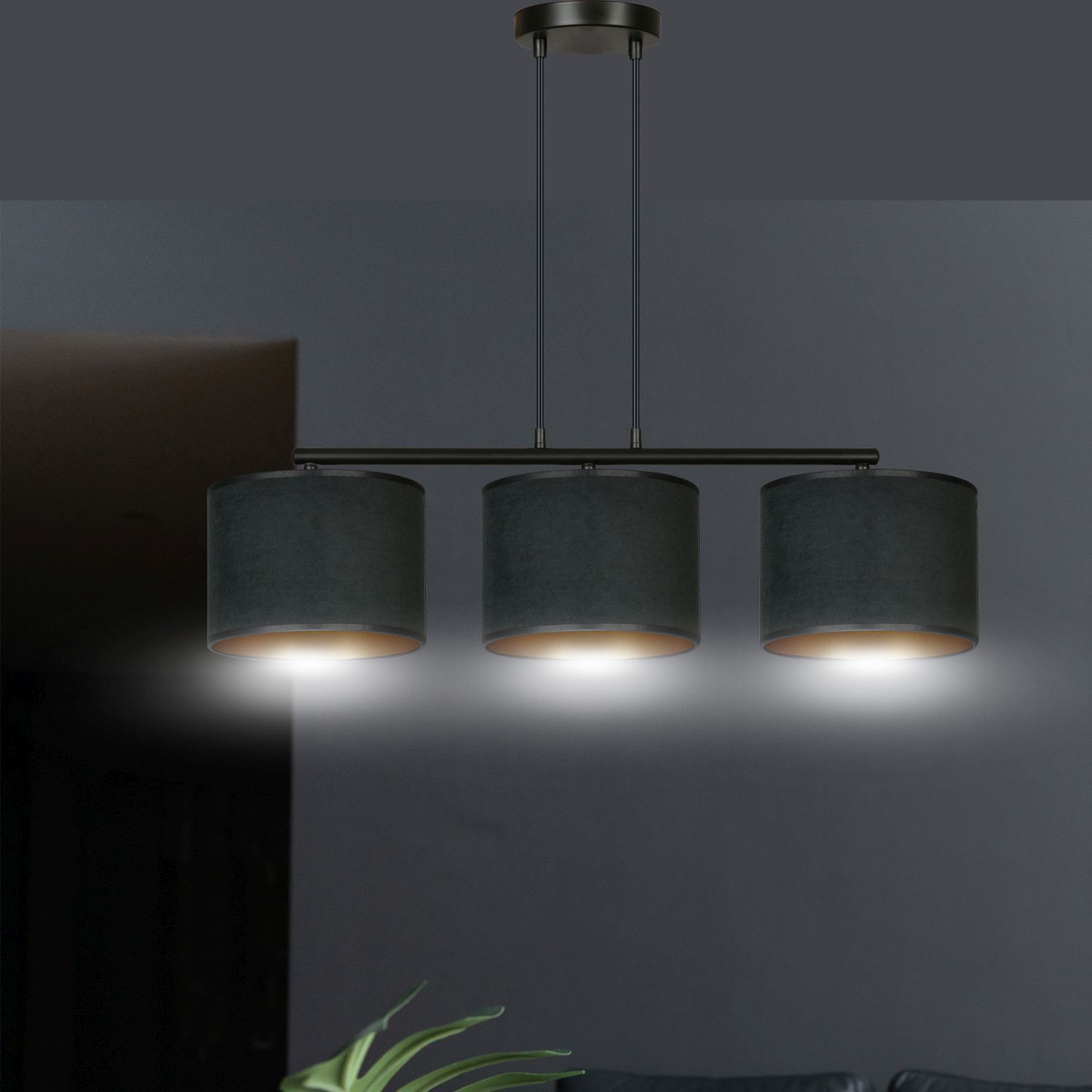 Suspension tissu métal L : 72cm noir or 3-flamme E27