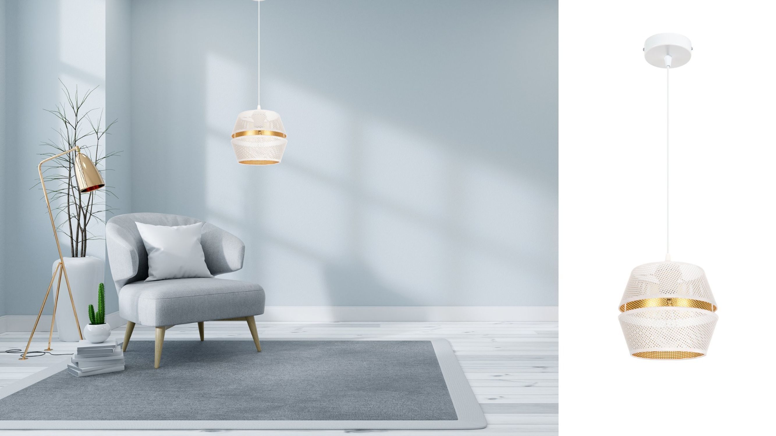 Elégante lampe suspendue métal blanc or E27 Ø20 cm ronde