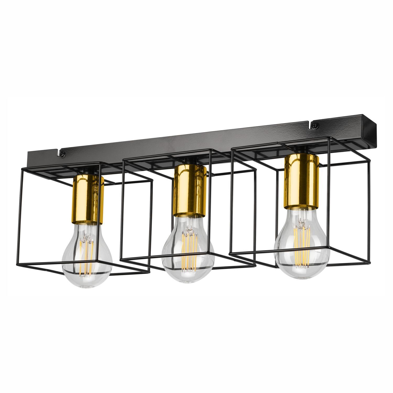 Plafonnier métal noir or 3 flammes E27 50 cm de long